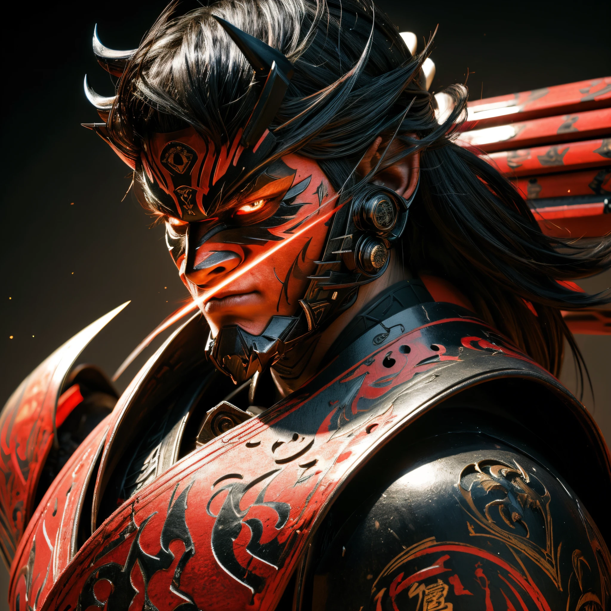 digital painting close up photo)0.4 of a young man wearing oni (mask)1.5, beautiful lighting, extremely detailed,4K, Detailed,