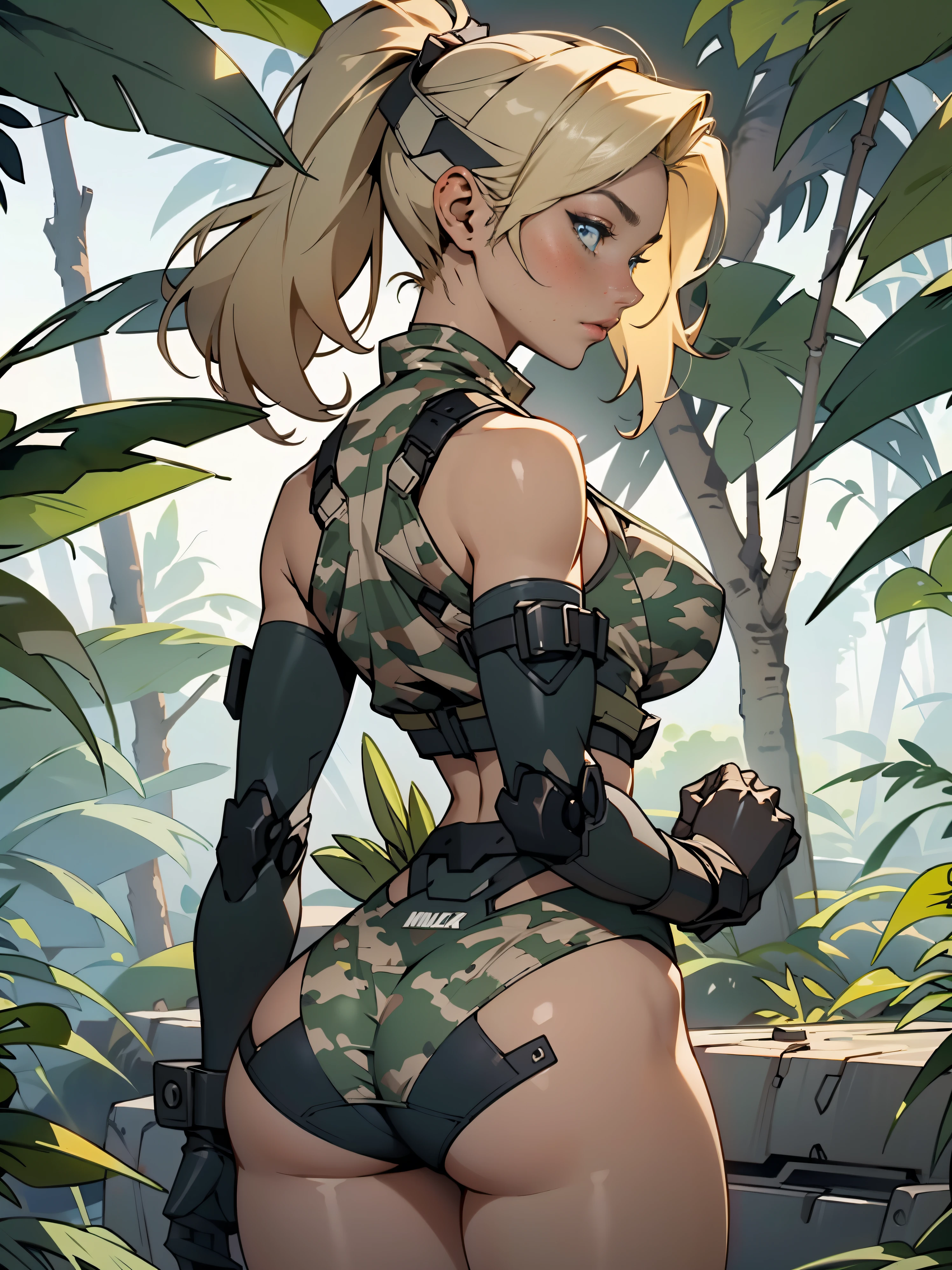 1woman 20 years old, max resolution, sculpted, military, wearing a soldier helmet, beautiful, perfect body, blonde hair, blue eyes, perfect body, thin waist, wide hips, large breasts, slim thighs, jungle background, armored vehicle, military robot, camouflaged uniform, tight panties, two-piece, highly detailed, high resolution, perfect hands, rear view, camo, from behind, bare shoulders