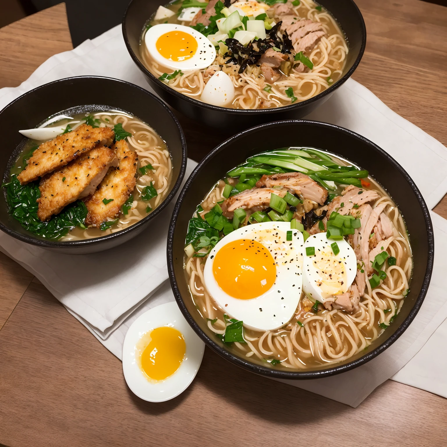 This picture shows a super realistic, HD, bowl of steaming hot ramen noodles, with a variety of toppings including sliced pork, boiled egg, green onions, and a sheet of nori (dried seaweed). The broth looks rich and flavorful, likely made from a combination of chicken, pork, and dashi (fish and seaweed stock). Ramen is a popular and beloved dish in Japan, and can be found at many restaurants and street food stalls.