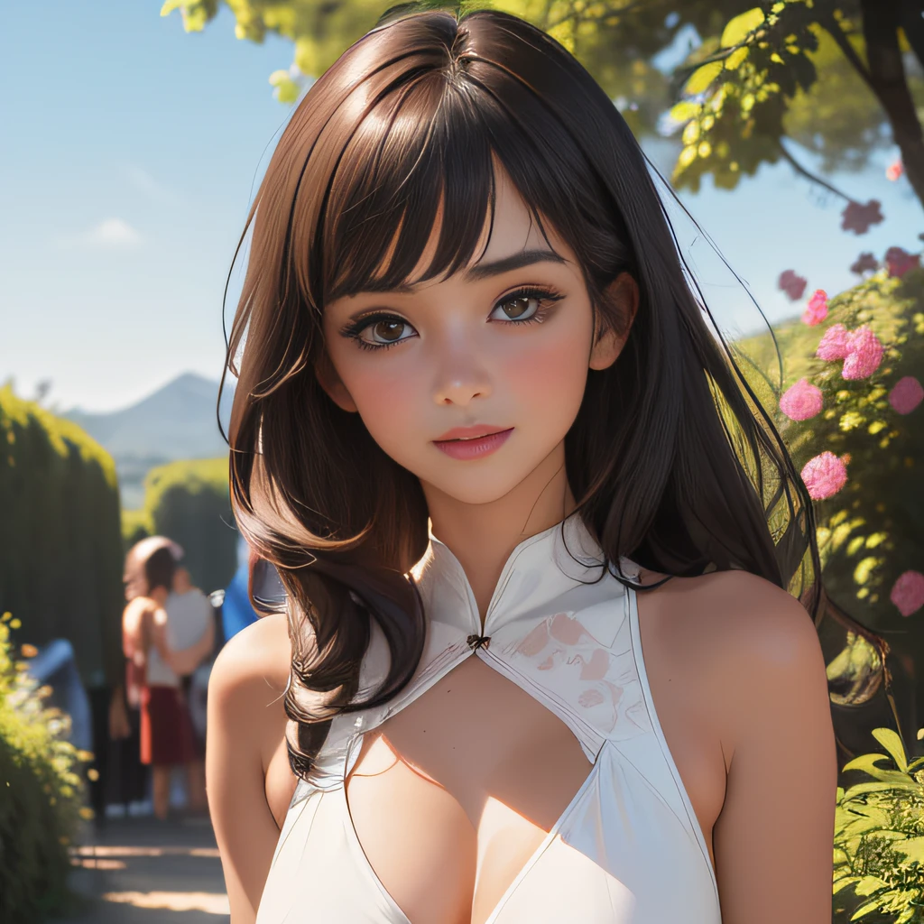 (Extremely detailed 8k wallpaper:2), (photo:2), (26 years old soigne Beautiful girl:2), (gives a lecture to friends:2), detailed (Face and eyes), (hyper realistic:1), (highly detailed:1), (epic realistic:1), rim light, (maximum details:1), cozy, (fullbody:1.3), (looking at viewer:2), (Woman's Attractive Qualities:2), (Attractive Woman:2), (Attractive:2), Smile, Intelligence, Empathy, Gracefulness, Sense of Style, Fitness, Grooming, Optimism, (Sensitivity:2), Sincerity, Romantic Gestures, Playfulness, Fashion Sense, (Sensuality:2), Charm, Modesty, Thoughtfulness, (Femininity:1), Flirtatiousness, Warmth, (Physical attractiveness:2), A beautiful smile, A love of life, strength and power, vulnerability, curiosity, wonder, love, (nature background:2), kawaii, waifu, Beautiful breasts, (attractive body:2), (Beautiful body:2), Beautiful pose, attractive pose, (Beautiful legs:1.0), (Beautiful clothes:1), (classic clothes:2), (elegant clothes:2), (European clothes:2), detailed clothes, (skirt:1), (blouse:1), (provocative pose)