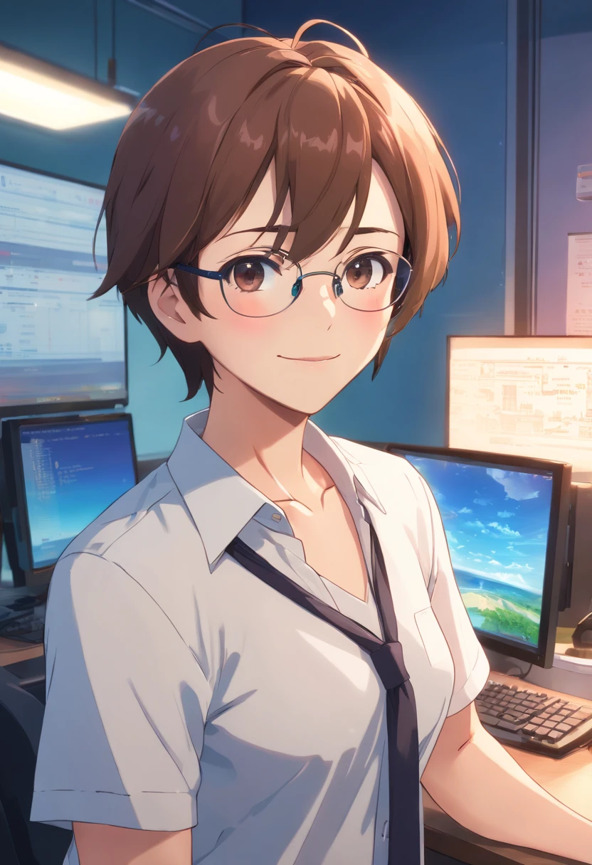 ((of the highest quality, in 8K, master piece)),((Bright daylight)),(No tie)、(A man in his 40s wearing a white shirt), (age 40s:1.5),Alone、eye glasses、bright expression,Smile a lot,mustache, Slightly brown hair, Shaved body, Show me your body, (High quality, Realistic image),((?????????)),((computer in the background))