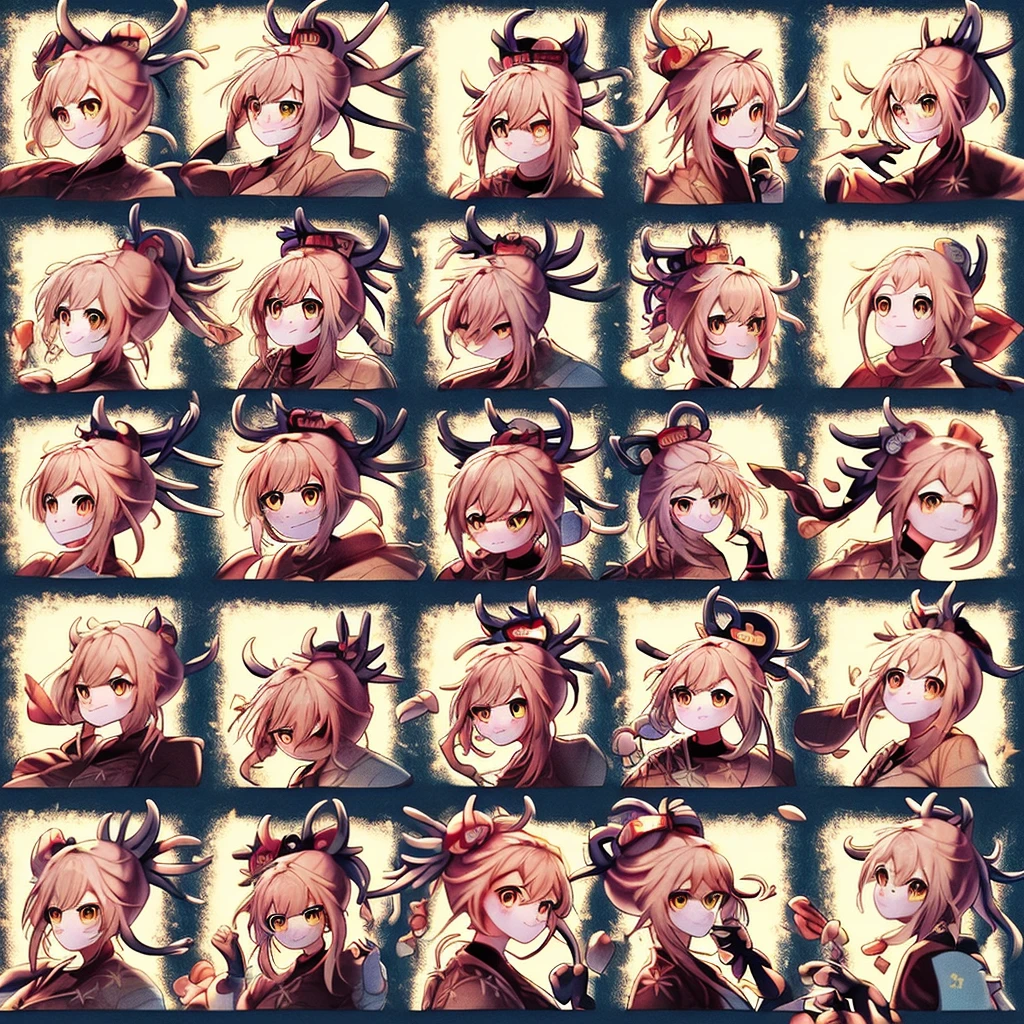 1 cinta, ((Yoimiya_Genshin)), cabelos amarelos,9 grades,3*3 grades,9 pacotes de emojis,9 poses and expressions,Estilo Disney,black strokes,different emotions,8k