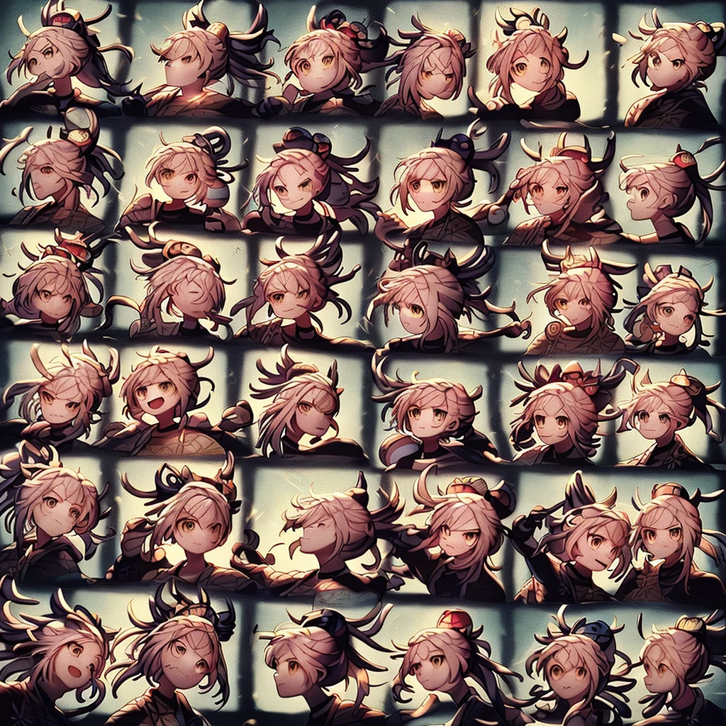 1 cinta, ((Yoimiya_Genshin)), cabelos amarelos，9 grades，3*3 grades，9 pacotes de emojis，9 poses and expressions，Estilo Disney，black strokes，different emotions，8k