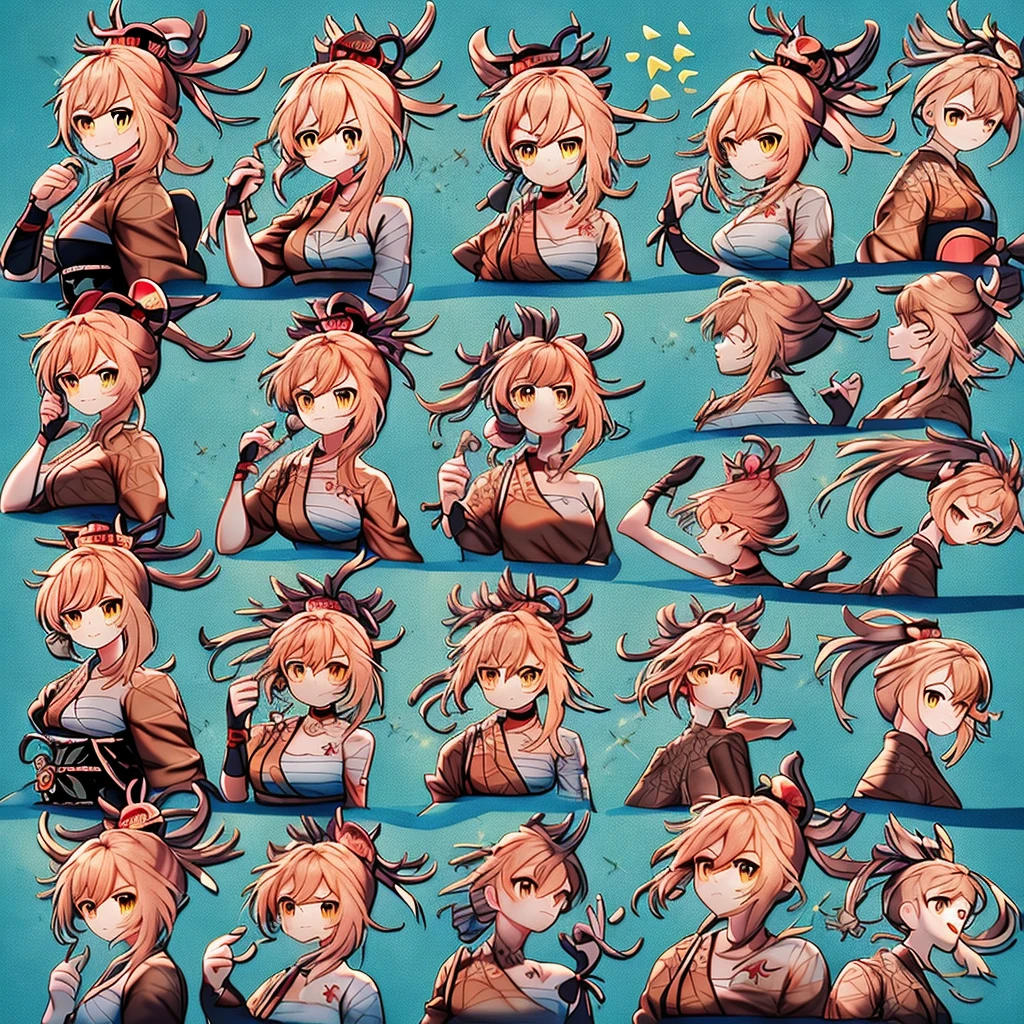 1 cinta, ((Yoimiya_Genshin)), cabelos amarelos,9 grades,3*3 grades,9 pacotes de emojis,9 poses and expressions,Estilo Disney,black strokes,different emotions,8k