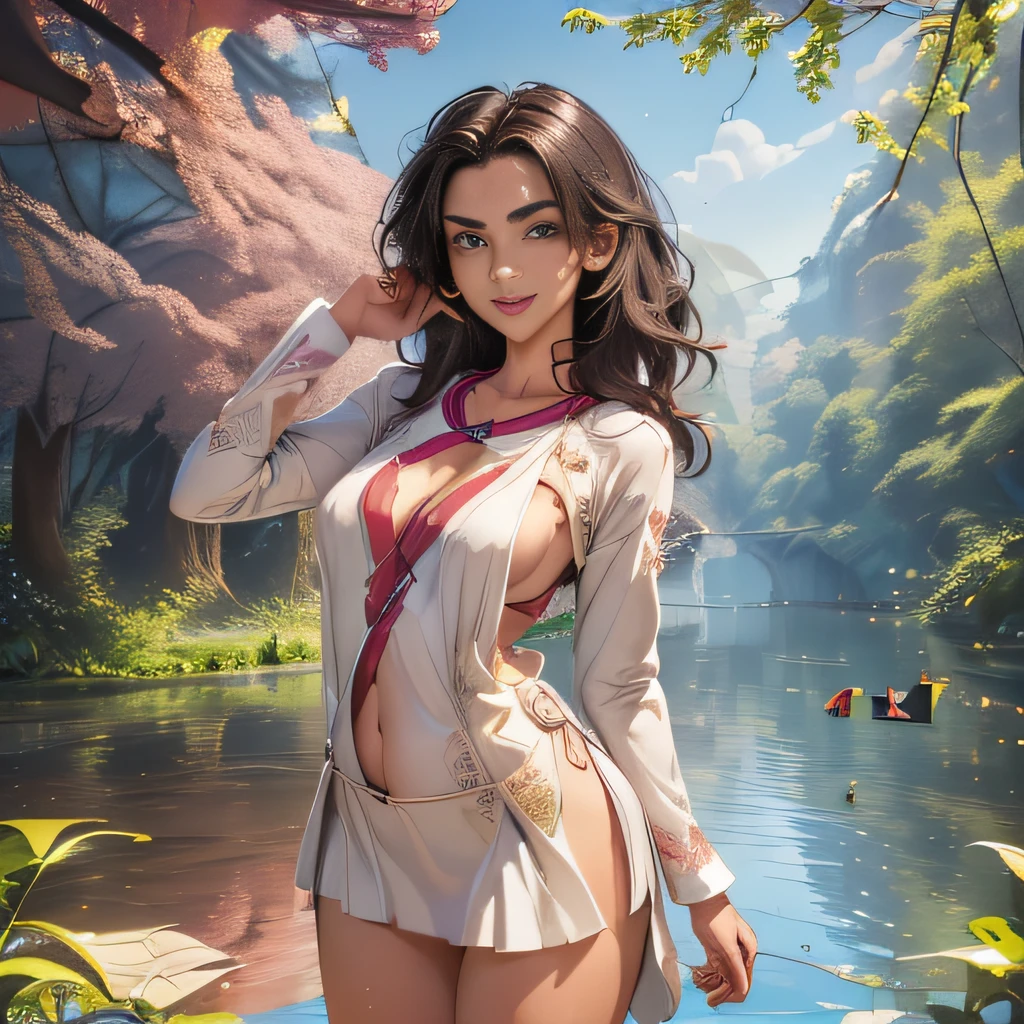 (Extremely detailed 8k wallpaper:2), (photo:2), (26 years old soigne Beautiful girl:2), (gives a lecture to friends:2), detailed (Face and eyes), (hyper realistic:1), (highly detailed:1), (epic realistic:1), rim light, (maximum details:1), cozy, (fullbody:1.3), (looking at viewer:2), (Woman's Attractive Qualities:2), (Attractive Woman:2), (Attractive:2), Smile, Intelligence, Empathy, Gracefulness, Sense of Style, Fitness, Grooming, Optimism, (Sensitivity:2), Sincerity, Romantic Gestures, Playfulness, Fashion Sense, (Sensuality:2), Charm, Modesty, Thoughtfulness, (Femininity:1), Flirtatiousness, Warmth, (Physical attractiveness:2), A beautiful smile, A love of life, strength and power, vulnerability, curiosity, wonder, love, (nature background:2), kawaii, waifu, Beautiful breasts, (attractive body:2), (Beautiful body:2), Beautiful pose, attractive pose, (Beautiful legs:1.0), (Beautiful clothes:1), (classic clothes:2), (elegant clothes:2), (European clothes:2), detailed clothes, (skirt:1), (blouse:1), (provocative pose)