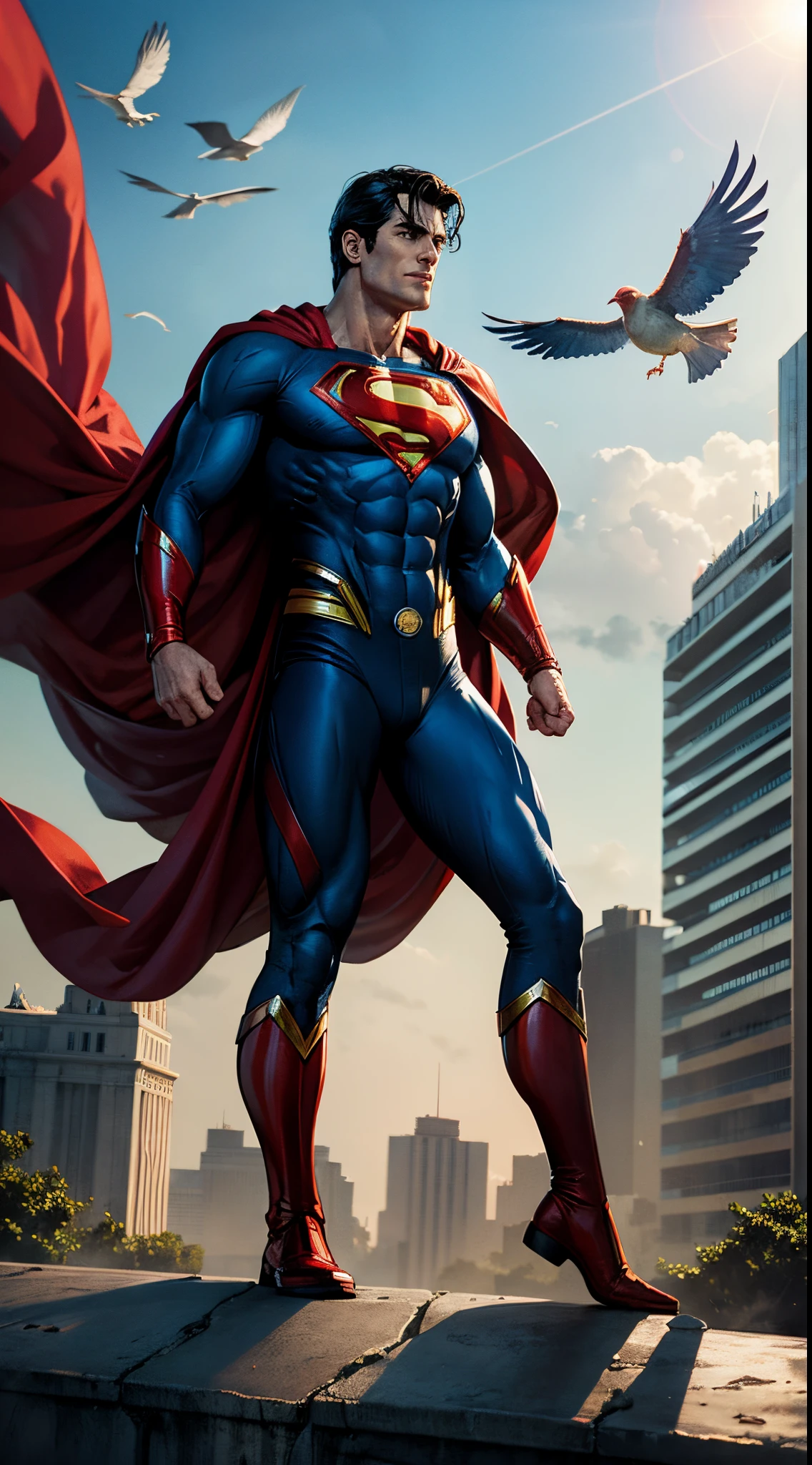 Realistic image with the best possible quality, DC Comics character SUPERMAN red long cape in heroic poses on top of the building, luz do dia, sol e nuvens, Ele sorri, some birds around