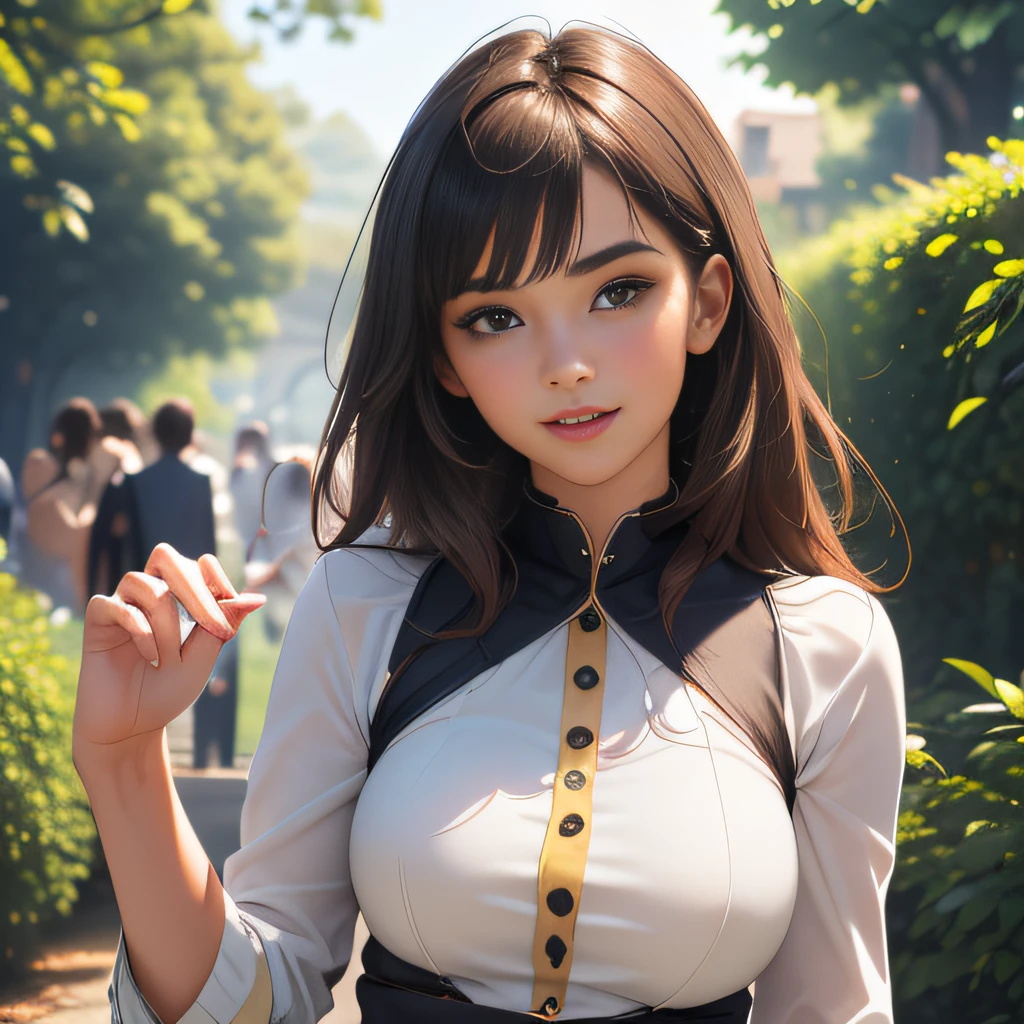 (Extremely detailed 8k wallpaper:2), (photo:2), (26 years old soigne Beautiful girl:2), (gives a lecture to friends:2), detailed (Face and eyes), (hyper realistic:1), (highly detailed:1), (epic realistic:1), rim light, (maximum details:1), cozy, (fullbody:1.3), (looking at viewer:2), (Woman's Attractive Qualities:2), (Attractive Woman:2), (Attractive:2), Smile, Intelligence, Empathy, Gracefulness, Sense of Style, Fitness, Grooming, Optimism, (Sensitivity:2), Sincerity, Romantic Gestures, Playfulness, Fashion Sense, (Sensuality:2), Charm, Modesty, Thoughtfulness, (Femininity:1), Flirtatiousness, Warmth, (Physical attractiveness:2), A beautiful smile, A love of life, strength and power, vulnerability, curiosity, wonder, love, (nature background:2), kawaii, waifu, Beautiful breasts, (attractive body:2), (Beautiful body:2), Beautiful pose, attractive pose, (Beautiful legs:1.0), (Beautiful clothes:1), (classic clothes:2), (elegant clothes:2), (European clothes:2), detailed clothes, (skirt:1), (blouse:1), (provocative pose)