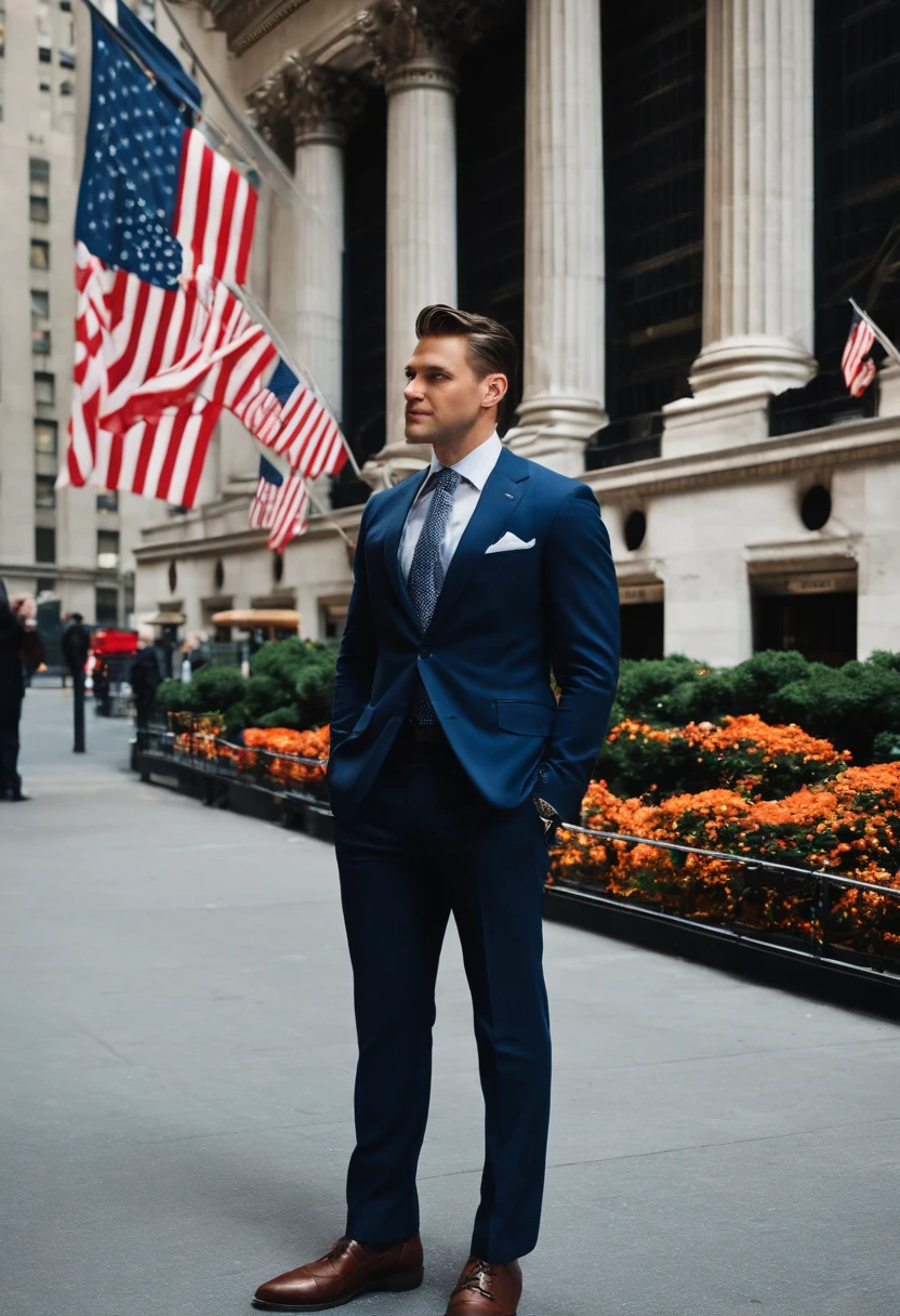 A photo of Finance Bro standing in front of the New York Stock Exchange,original,30 years old, masculine, near comb over hair, wears a navy suit with a tie, walks around New York City