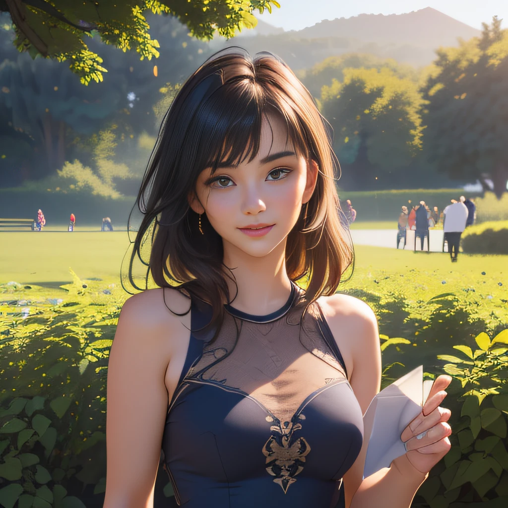(Extremely detailed 8k wallpaper:2), (photo:2), (26 years old soigne Beautiful girl:2), (gives a lecture to friends:2), detailed (Face and eyes), (hyper realistic:1), (highly detailed:1), (epic realistic:1), rim light, (maximum details:1), cozy, (fullbody:1.3), (looking at viewer:2), (Woman's Attractive Qualities:2), (Attractive Woman:2), (Attractive:2), Smile, Intelligence, Empathy, Gracefulness, Sense of Style, Fitness, Grooming, Optimism, (Sensitivity:2), Sincerity, Romantic Gestures, Playfulness, Fashion Sense, (Sensuality:2), Charm, Modesty, Thoughtfulness, (Femininity:1), Flirtatiousness, Warmth, (Physical attractiveness:2), A beautiful smile, A love of life, strength and power, vulnerability, curiosity, wonder, love, (nature background:2), kawaii, waifu, Beautiful breasts, (attractive body:2), (Beautiful body:2), Beautiful pose, attractive pose, (Beautiful legs:1.0), (Beautiful clothes:1), (classic clothes:2), (elegant clothes:2), (European clothes:2), detailed clothes, (skirt:1), (blouse:1), (provocative pose)