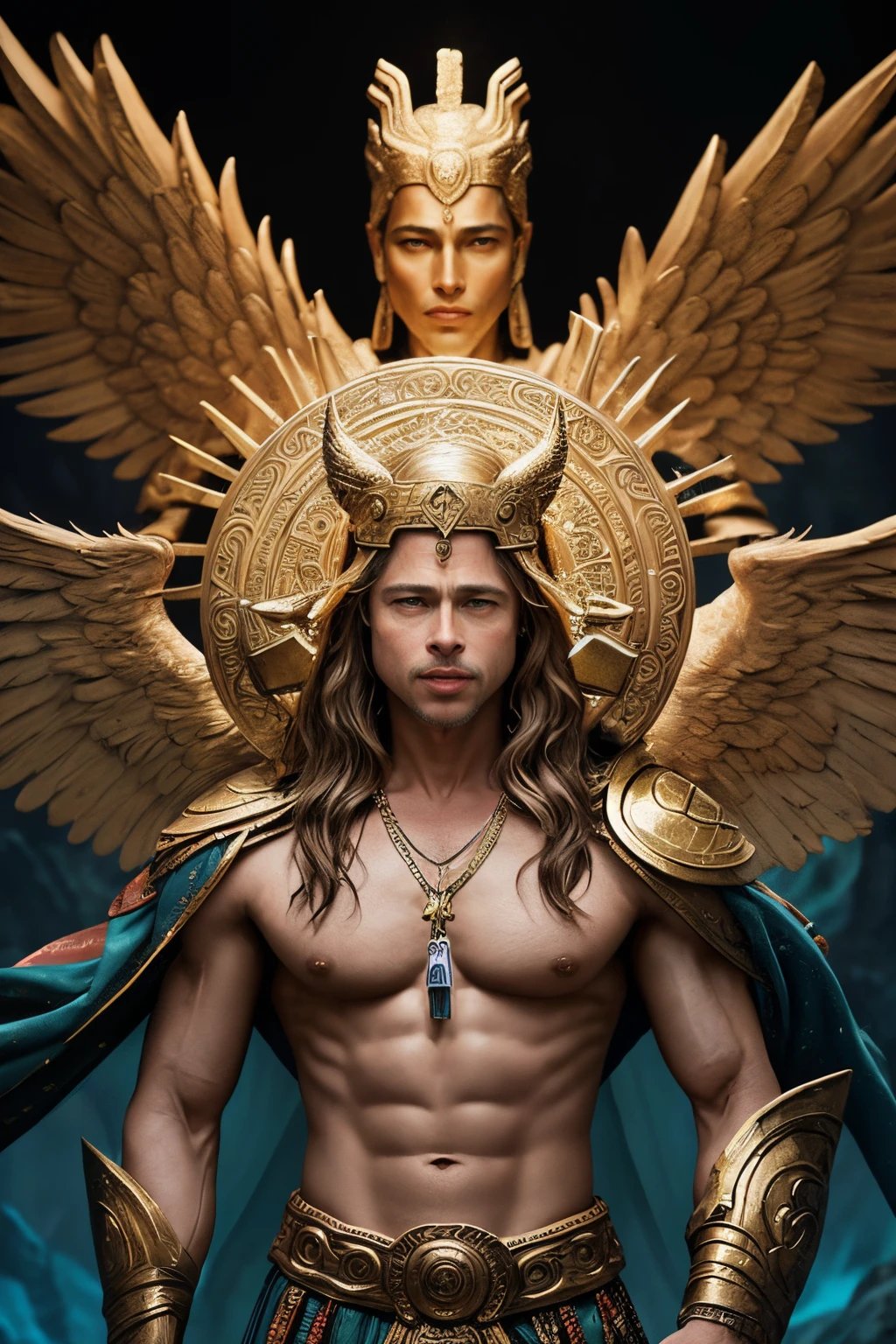 "Generate an AI-powered artwork that transforms Brad Pitt into a mythical figure, weaving elements of classic mythology into his portrayal. Envision him donned in attire inspired by ancient legends, incorporating symbols and artifacts that echo the narratives of mythical heroes. Picture Brad Pitt with features that convey both strength and vulnerability, embodying the complexity of legendary characters. Surround him with an otherworldly backdrop that alludes to mythical realms, perhaps featuring elements from various mythologies. Utilize a rich and evocative color palette to convey the timeless and transcendent nature of the mythic persona. The final image should be a captivating fusion of Brad Pitt's iconic presence and the allure of timeless mythological tales."