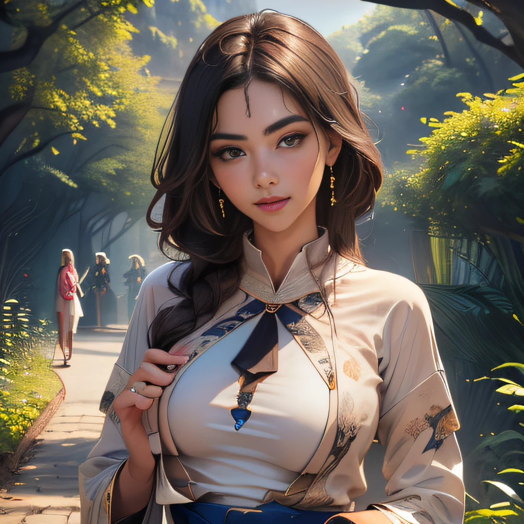 (Extremely detailed 8k wallpaper:2), (photo:2), (26 years old soigne Beautiful girl:2), (gives a lecture to friends:2), detailed (Face and eyes), (hyper realistic:1), (highly detailed:1), (epic realistic:1), rim light, (maximum details:1), cozy, (fullbody:1.3), (looking at viewer:2), (Woman's Attractive Qualities:2), (Attractive Woman:2), (Attractive:2), Smile, Intelligence, Empathy, Gracefulness, Sense of Style, Fitness, Grooming, Optimism, (Sensitivity:2), Sincerity, Romantic Gestures, Playfulness, Fashion Sense, (Sensuality:2), Charm, Modesty, Thoughtfulness, (Femininity:1), Flirtatiousness, Warmth, (Physical attractiveness:2), A beautiful smile, A love of life, strength and power, vulnerability, curiosity, wonder, love, (nature background:2), kawaii, waifu, Beautiful breasts, (attractive body:2), (Beautiful body:2), Beautiful pose, attractive pose, (Beautiful legs:1.0), (Beautiful clothes:1), (classic clothes:2), (elegant clothes:2), (European clothes:2), detailed clothes, (skirt:1), (blouse:1), (provocative pose)