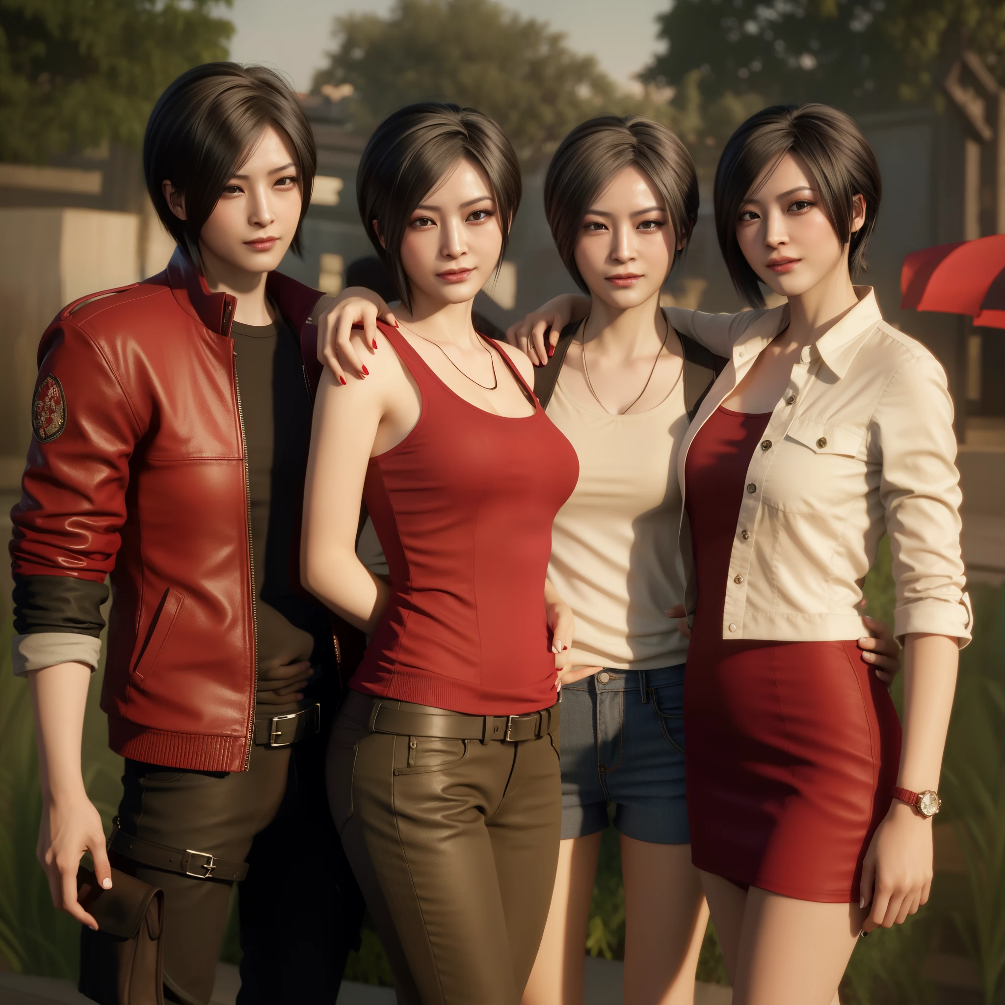 Ada wong ,Woman, wearing red dress, bob hair, red polish, happy expression, smiling