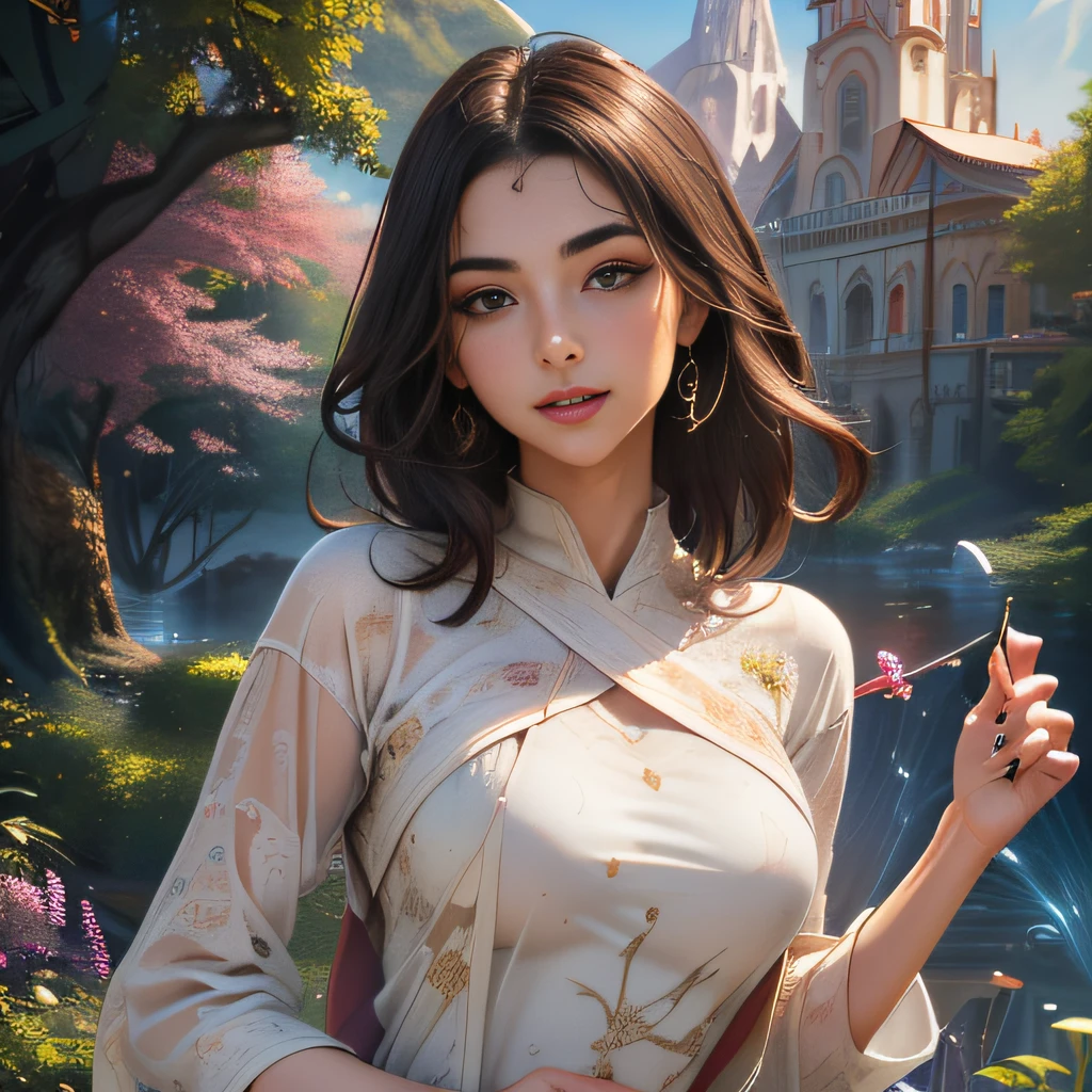 (Extremely detailed 8k wallpaper:2), (photo:2), (26 years old soigne Beautiful girl:2), (gives a lecture to friends:2), detailed (Face and eyes), (hyper realistic:1), (highly detailed:1), (epic realistic:1), rim light, (maximum details:1), cozy, (fullbody:1.3), (looking at viewer:2), (Woman's Attractive Qualities:2), (Attractive Woman:2), (Attractive:2), Smile, Intelligence, Empathy, Gracefulness, Sense of Style, Fitness, Grooming, Optimism, (Sensitivity:2), Sincerity, Romantic Gestures, Playfulness, Fashion Sense, (Sensuality:2), Charm, Modesty, Thoughtfulness, (Femininity:1), Flirtatiousness, Warmth, (Physical attractiveness:2), A beautiful smile, A love of life, strength and power, vulnerability, curiosity, wonder, love, (nature background:2), kawaii, waifu, Beautiful breasts, (attractive body:2), (Beautiful body:2), Beautiful pose, attractive pose, (Beautiful legs:1.0), (Beautiful clothes:1), (classic clothes:2), (elegant clothes:2), (European clothes:2), detailed clothes, (skirt:1), (blouse:1), (provocative pose)