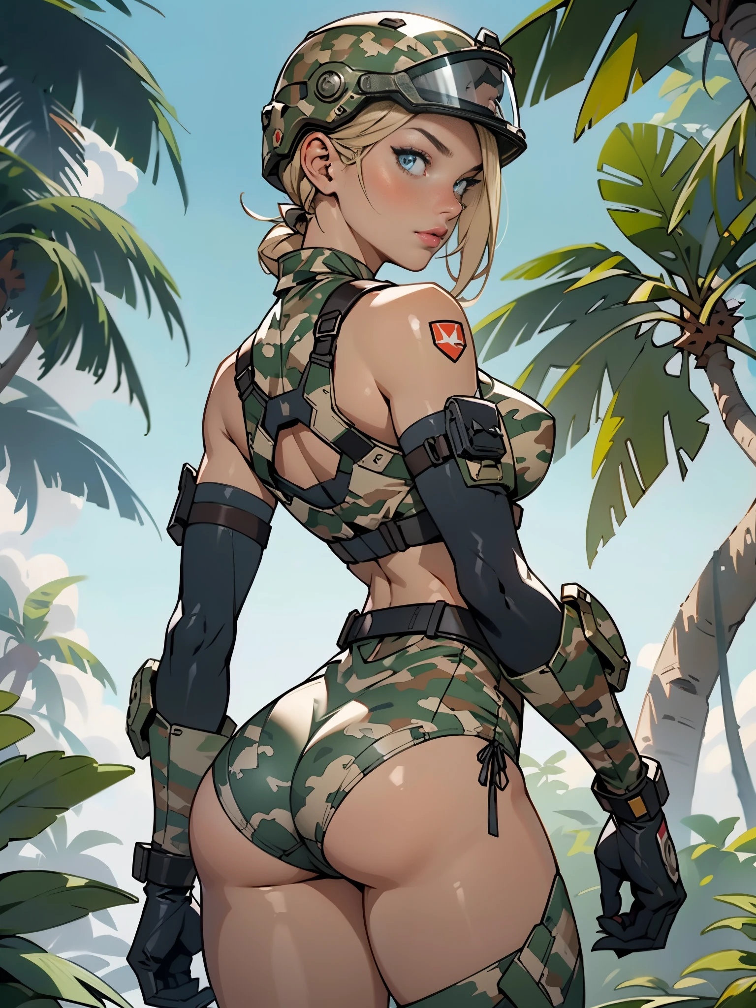 1woman 20 years old, max resolution, sculpted, military, wearing a soldier helmet, beautiful, perfect body, blonde hair, blue eyes, perfect body, thin waist, wide hips, large breasts, slim thighs, jungle background, armored vehicle, military robot, camouflaged uniform, tight panties, two-piece, highly detailed, high resolution, perfect hands, rear view, camo, from behind, bare shoulders