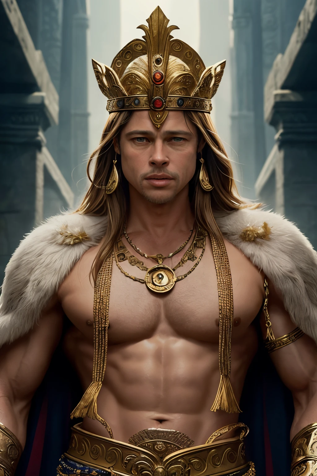 "Generate an AI-powered artwork that envisions Brad Pitt as a mythological figure, drawing inspiration from timeless myths and legends. Picture him in regal attire that blends contemporary fashion with mythological elements, embodying the essence of a heroic or divine character. Surround him with symbolic motifs from various mythologies, weaving together tales of strength, wisdom, or adventure. Create a scene that captures the dramatic and epic nature of mythology, utilizing a rich color palette to convey both the mystique and grandeur associated with legendary tales. The final image should be a visual representation of Brad Pitt as a modern-day mythic archetype, embodying the timeless allure of mythology."