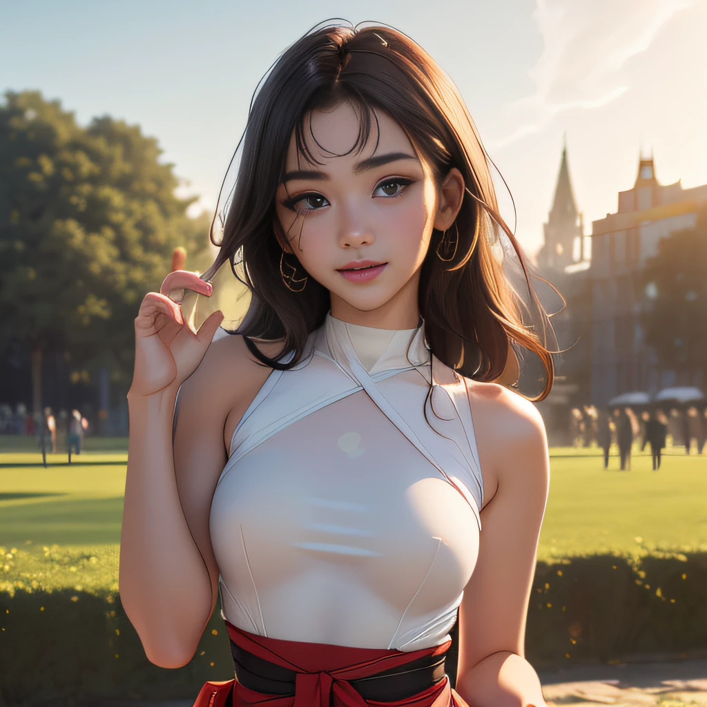 (Extremely detailed 8k wallpaper:2), (photo:2), (26 years old soigne Beautiful girl:2), (gives a lecture to friends:2), detailed (Face and eyes), (hyper realistic:1), (highly detailed:1), (epic realistic:1), rim light, (maximum details:1), cozy, (fullbody:1.3), (looking at viewer:2), (Woman's Attractive Qualities:2), (Attractive Woman:2), (Attractive:2), Smile, Intelligence, Empathy, Gracefulness, Sense of Style, Fitness, Grooming, Optimism, (Sensitivity:2), Sincerity, Romantic Gestures, Playfulness, Fashion Sense, (Sensuality:2), Charm, Modesty, Thoughtfulness, (Femininity:1), Flirtatiousness, Warmth, (Physical attractiveness:2), A beautiful smile, A love of life, strength and power, vulnerability, curiosity, wonder, love, (nature background:2), kawaii, waifu, Beautiful breasts, (attractive body:2), (Beautiful body:2), Beautiful pose, attractive pose, (Beautiful legs:1.0), (Beautiful clothes:1), (classic clothes:2), (elegant clothes:2), (European clothes:2), detailed clothes, (skirt:1), (blouse:1), (provocative pose)