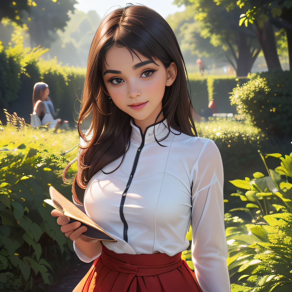 (Extremely detailed 8k wallpaper:2), (photo:2), (26 years old soigne Beautiful girl:2), (gives a lecture to friends:2), detailed (Face and eyes), (hyper realistic:1), (highly detailed:1), (epic realistic:1), rim light, (maximum details:1), cozy, (fullbody:1.3), (looking at viewer:2), (Woman's Attractive Qualities:2), (Attractive Woman:2), (Attractive:2), Smile, Intelligence, Empathy, Gracefulness, Sense of Style, Fitness, Grooming, Optimism, (Sensitivity:2), Sincerity, Romantic Gestures, Playfulness, Fashion Sense, (Sensuality:2), Charm, Modesty, Thoughtfulness, (Femininity:1), Flirtatiousness, Warmth, (Physical attractiveness:2), A beautiful smile, A love of life, strength and power, vulnerability, curiosity, wonder, love, (nature background:2), kawaii, waifu, Beautiful breasts, (attractive body:2), (Beautiful body:2), Beautiful pose, attractive pose, (Beautiful legs:1.0), (Beautiful clothes:1), (classic clothes:2), (elegant clothes:2), (European clothes:2), detailed clothes, (skirt:1), (blouse:1), (provocative pose)