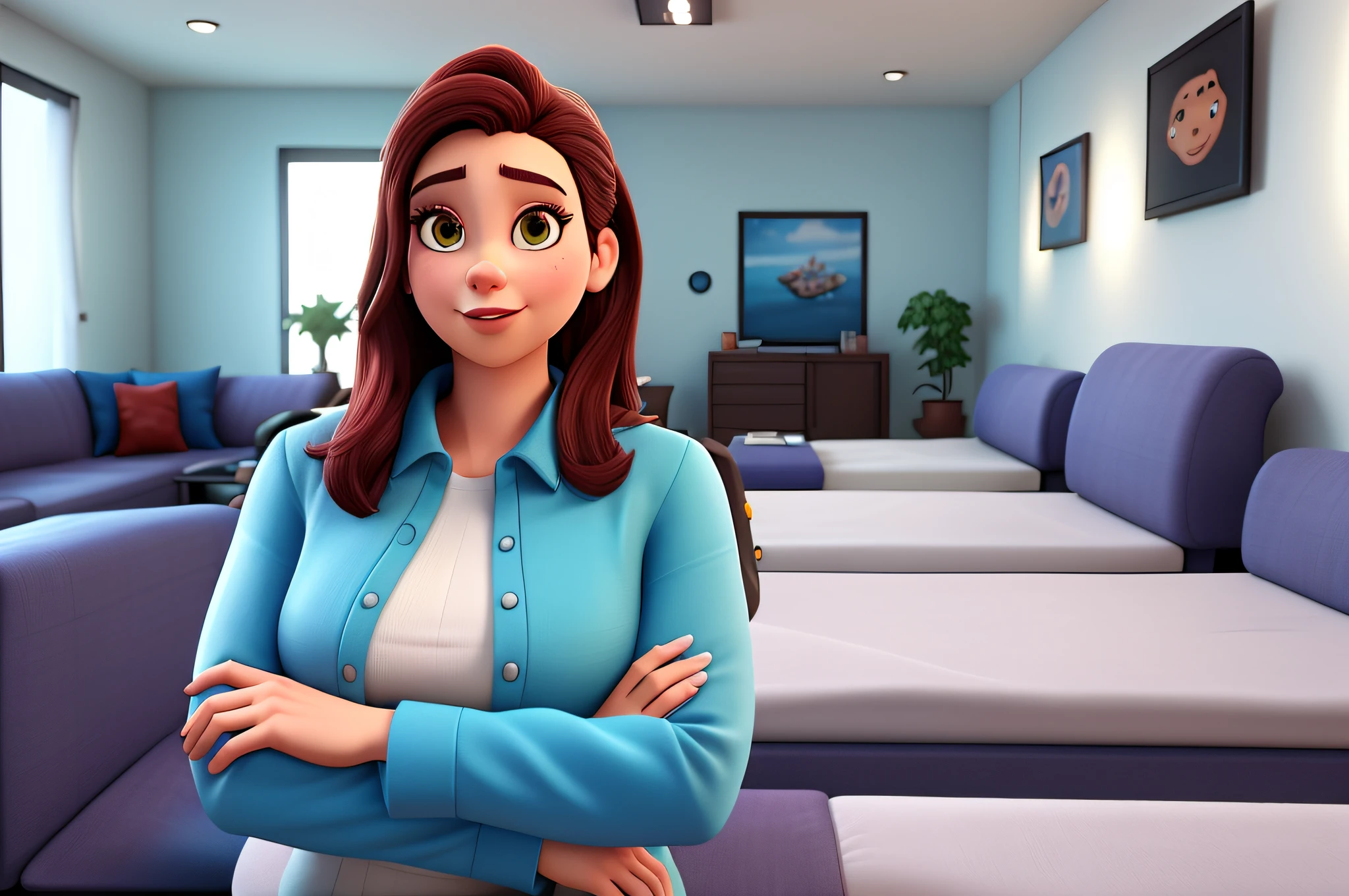 cartoon character a woman standing in a room with sofas and mattresses, foto profissional fina, advertising photo, In the background, Foto profissional detalhada, Qualidade Premium, profissional, Unbeatable quality, contra fundo escuro, artista especialista, foto de marketing, corpo inteiro, corpo inteiro, foto de retrato, great quality, foto profissional bem iluminada, foto comercial, un feito cama, furniture, Caractere estilizado, animation style rendering, 3D estilizado, Arnold Maya render, 3 d render stylized, toon render keyshot, Personagem 3D, Personagem 3D, 3d rendering stylized, 3 d character render, personagem de desenho animado, Personagem de close up, Pose de personagem,  (Estilo Pixar), (pele detalhada) (textura detalhada) (8k) (argila) (Cinematic lighting) (foco nítido