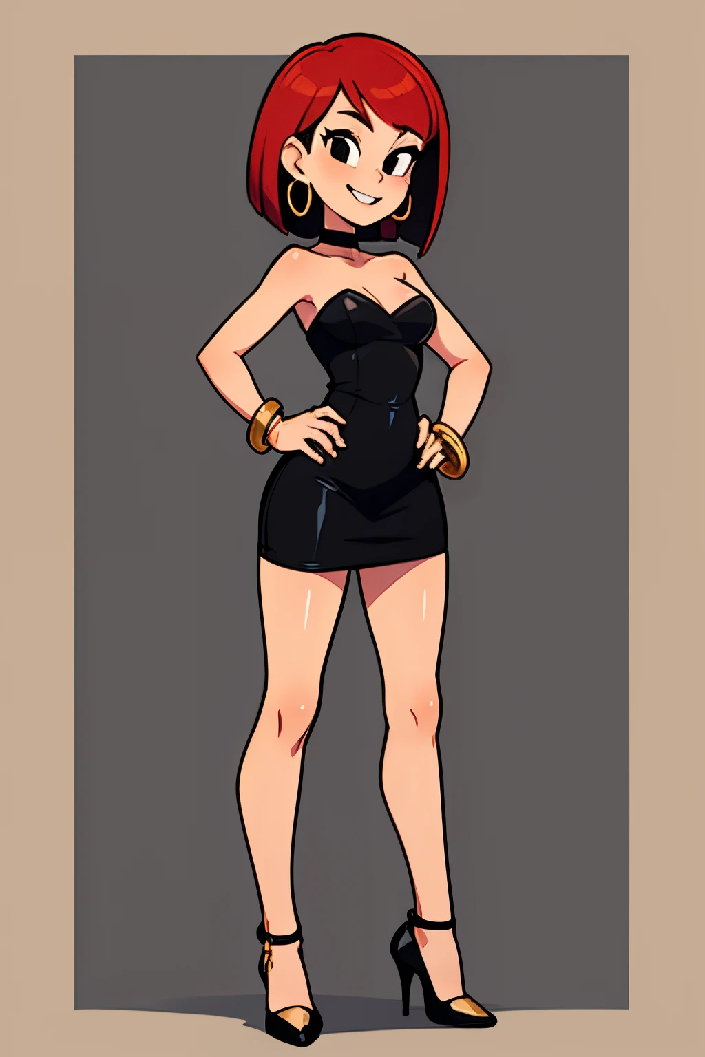 FrankieFoster, FostersStyle, 1 girl, teenage, short red hair, medium hair, bob hair, black eyes, smile, little black dress, strapless dress, skin-tight dress, choker, gold hoop earrings, gold bracelet, black high heels, ballroom, sexy poses, hands on hip.