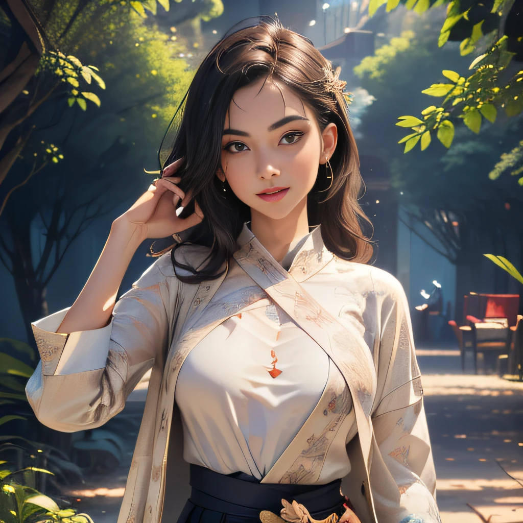 (Extremely detailed 8k wallpaper:2), (photo:2), (31 years old soigne Beautiful girl:2), (gives a lecture to friends:2), detailed (Face and eyes), (hyper realistic:1), (highly detailed:1), (epic realistic:1), rim light, (maximum details:1), cozy, (fullbody:1.3), (looking at viewer:2), (Woman's Attractive Qualities:2), (Attractive Woman:2), (Attractive:2), Smile, Intelligence, Empathy, Gracefulness, Sense of Style, Fitness, Grooming, Optimism, (Sensitivity:2), Sincerity, Romantic Gestures, Playfulness, Fashion Sense, (Sensuality:2), Charm, Modesty, Thoughtfulness, (Femininity:1), Flirtatiousness, Warmth, (Physical attractiveness:2), A beautiful smile, A love of life, strength and power, vulnerability, curiosity, wonder, love, (nature background:2), kawaii, waifu, Beautiful breasts, (attractive body:2), (Beautiful body:2), Beautiful pose, attractive pose, (Beautiful legs:1.0), (Beautiful clothes:1), (classic clothes:2), (elegant clothes:2), (European clothes:2), detailed clothes, (skirt:1), (blouse:1), (provocative pose)