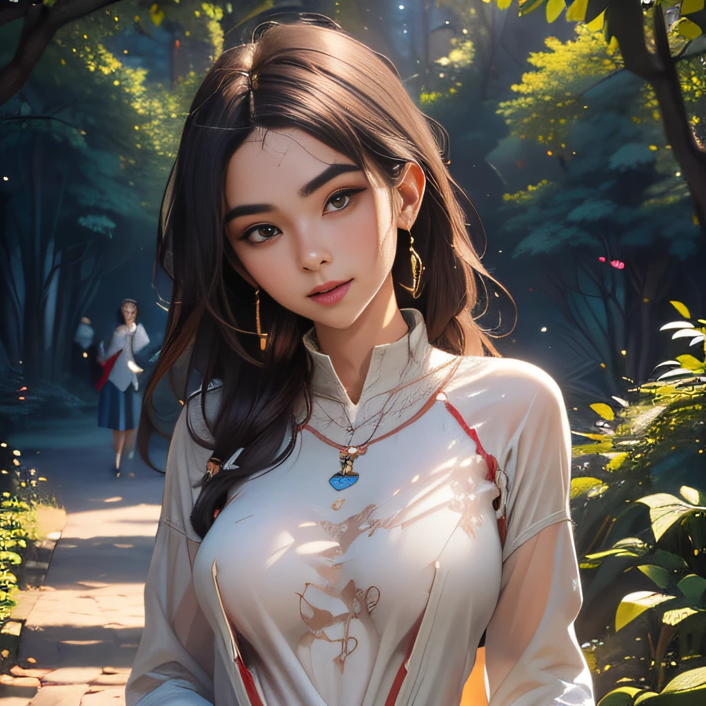 (Extremely detailed 8k wallpaper:2), (photo:2), (31 years old soigne Beautiful girl:2), (gives a lecture to friends:2), detailed (Face and eyes), (hyper realistic:1), (highly detailed:1), (epic realistic:1), rim light, (maximum details:1), cozy, (fullbody:1.3), (looking at viewer:2), (Woman's Attractive Qualities:2), (Attractive Woman:2), (Attractive:2), Smile, Intelligence, Empathy, Gracefulness, Sense of Style, Fitness, Grooming, Optimism, (Sensitivity:2), Sincerity, Romantic Gestures, Playfulness, Fashion Sense, (Sensuality:2), Charm, Modesty, Thoughtfulness, (Femininity:1), Flirtatiousness, Warmth, (Physical attractiveness:2), A beautiful smile, A love of life, strength and power, vulnerability, curiosity, wonder, love, (nature background:2), kawaii, waifu, Beautiful breasts, (attractive body:2), (Beautiful body:2), Beautiful pose, attractive pose, (Beautiful legs:1.0), (Beautiful clothes:1), (classic clothes:2), (elegant clothes:2), (European clothes:2), detailed clothes, (skirt:1), (blouse:1), (provocative pose)