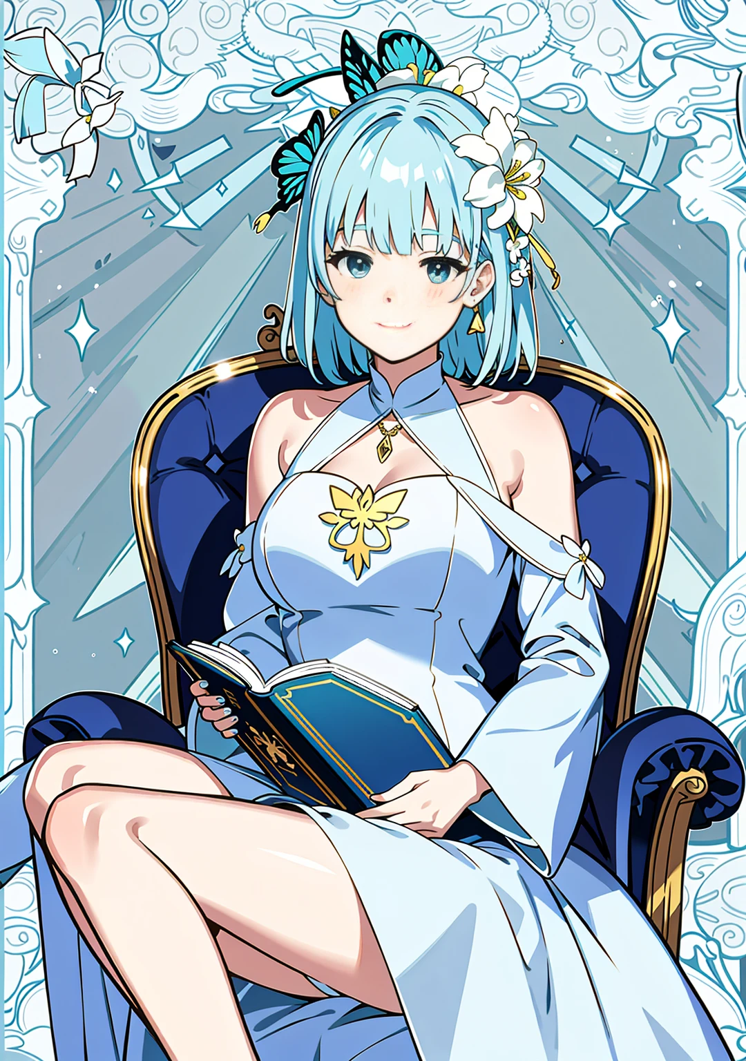 (Realistic painting style:0.9),(faux traditional media:1.0), masterpiece, best quality,bokeh, depth of field, looking to the side, kamisato ayaka (springbloom missive), kamisato ayaka, official alternate hairstyle, official alternate costume, blunt bangs, butterfly hair ornament, hair flower, blue dress, 1girl,girl sitting on a chair,butterfly, grey eyes, flower, hair ornament, light blue hair, outdoors, solo, sky, blue nails, cloud, bangs, long sleeves, holding, looking at viewer, blue butterfly,braid, dress, day, blue sky, breasts, medium breasts, cloudy sky, blush, index finger raised, blue flower, smile, closed mouth, holding open book,tarot,green background,