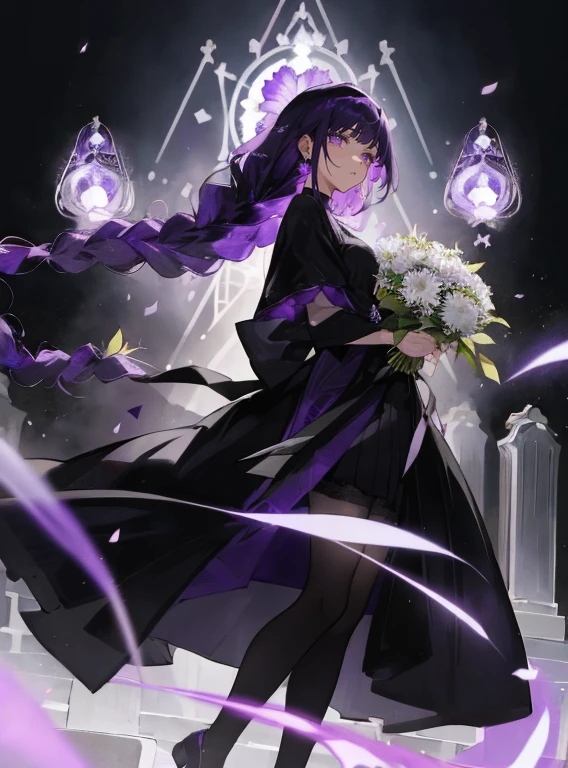 (Top resolution),1womanl,Anime, Purple eyes,Delicate eyes,Sad look,shed tears,Purple hair,Large braids,long black skirts,Black Dress,Black stockings,holding a bouquet of chrysanthemums in his hand,The background is a cemetery,the original god,Raiden General