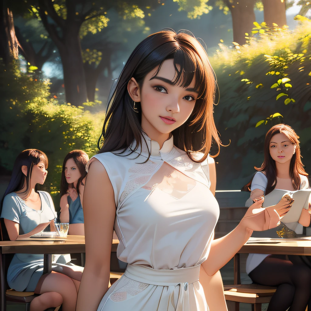 sfw, (Extremely detailed 8k wallpaper:2), (photo:2), (soigne Beautiful girl:2), (gives a lecture to friends:2), detailed (Face and eyes), (hyper realistic:1), (highly detailed:1), (epic realistic:1), rim light, (maximum details:1), cozy, (fullbody:1), (looking at viewer:2), (Woman's Attractive Qualities:2), (Attractive Woman:2), (Attractive:2), Smile, Intelligence, Empathy, Gracefulness, Sense of Style, Fitness, Grooming, Optimism, (Sensitivity:2), Sincerity, Romantic Gestures, Playfulness, Fashion Sense, (Sensuality:2), Charm, Modesty, Thoughtfulness, (Femininity:1), Flirtatiousness, Warmth, (Physical attractiveness:2), A beautiful smile, A love of life, strength and power, vulnerability, curiosity, wonder, love, (nature background:2), Beautiful breasts, (attractive body:2), (Beautiful body:2), Beautiful pose, attractive pose, (spread legs:1.0), (Beautiful legs:1.0), (Beautiful clothes:1), (classic clothes:2), (elegant clothes:2), (European clothes:2), detailed clothes, (skirt:1), (blouse:1), (provocative pose)