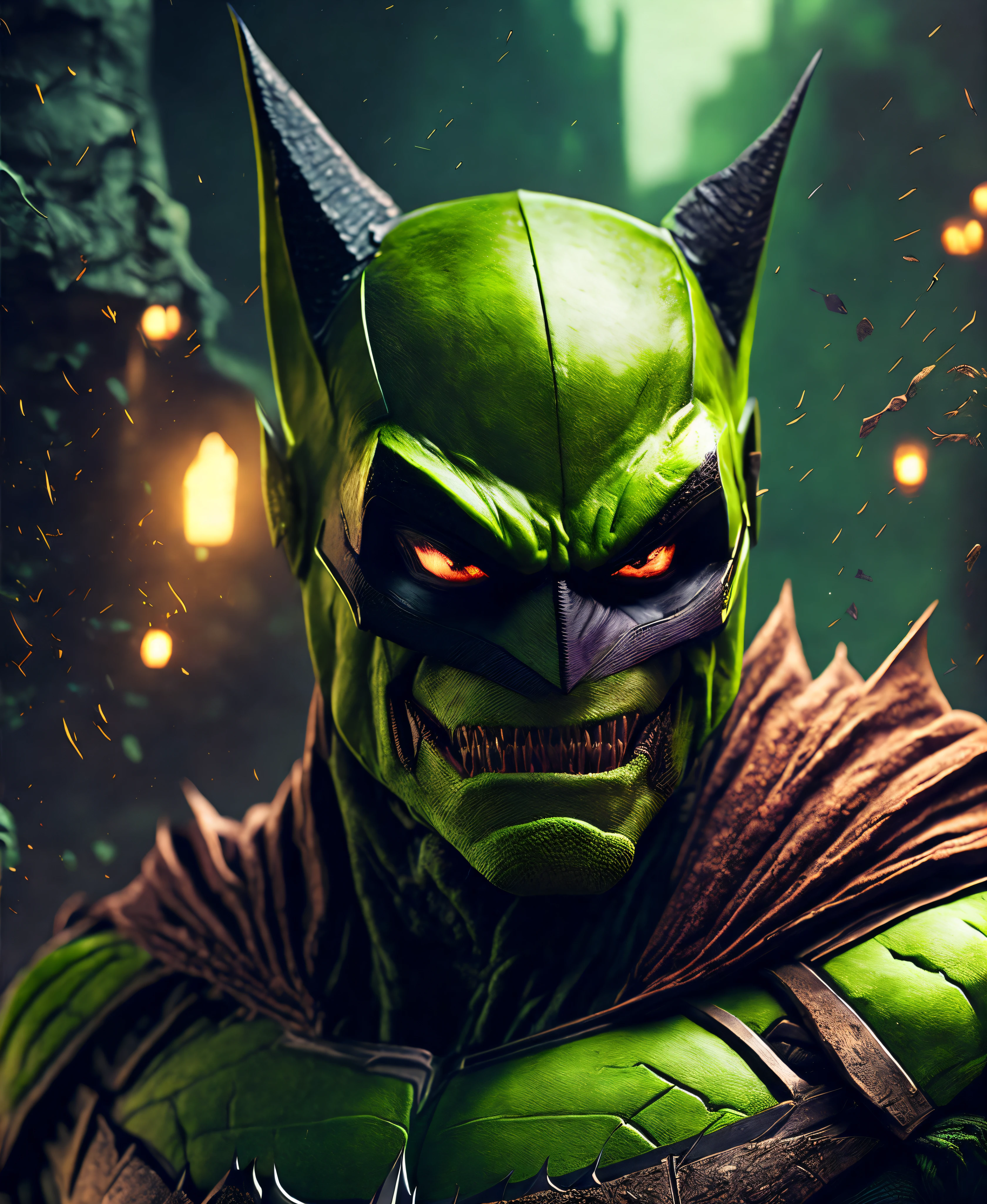 hyper detailed masterpiece, dynamic, awesome quality,hobgoblin, medium sized humanoid creature, robust and muscular build, pointed ears, fangs, greenish skin, facial warts, clawed hands and feet, crude or tattered clothing, mischievous or malevolent expression trickery, causing trouble pineapple>ral-strawberryjam