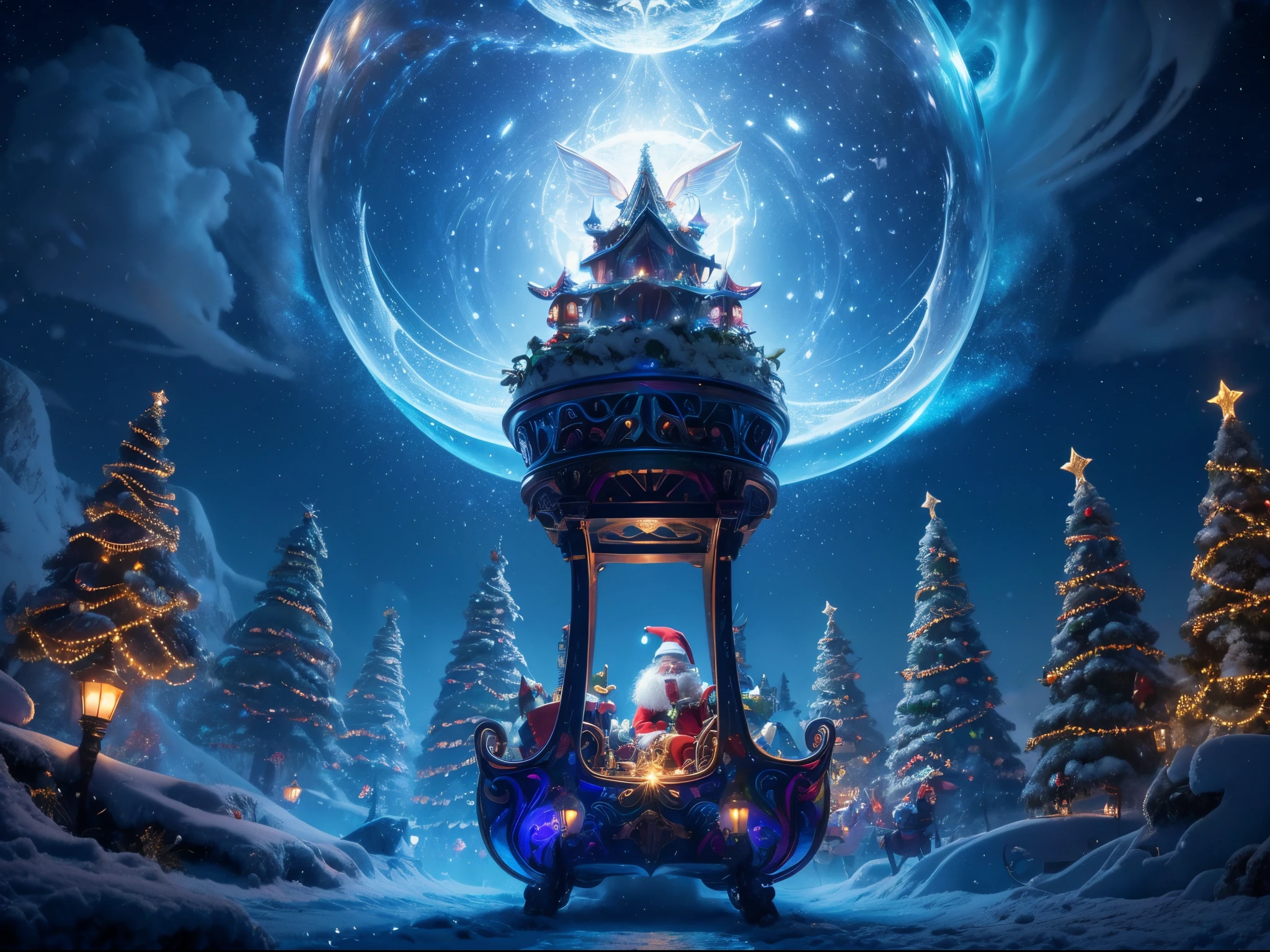 Transport Santa and his sleigh to a magical realm filled with floating islands and mythical creatures. The iridescent plasma fractals become enchanting fairy lights, and the bubbles transform into magical orbs. The entire scene exudes a sense of wonder and awe.