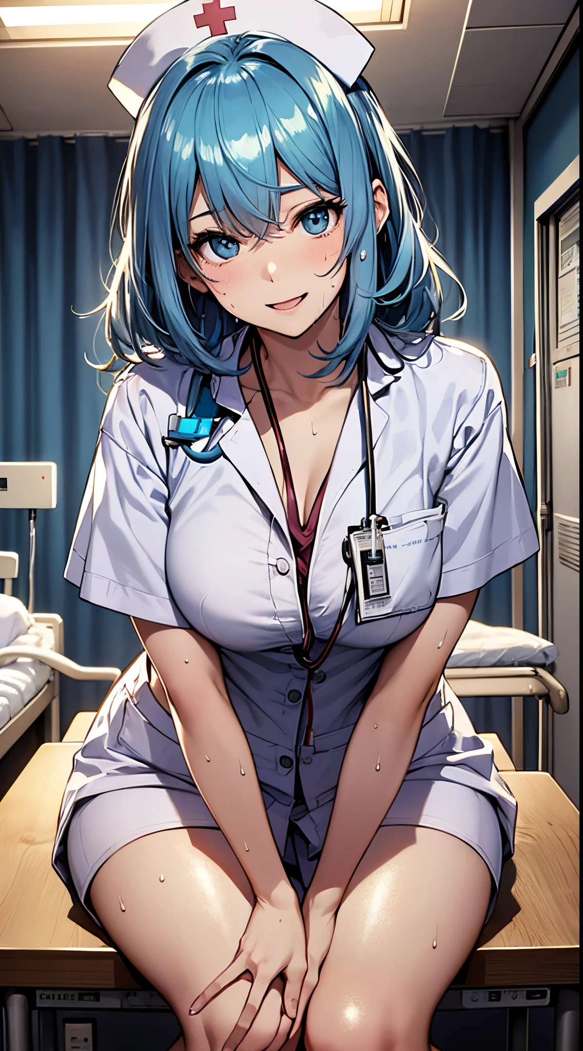 top-quality、supreme1People Girls,hightquality,, ((masuter piece)), ((High resolution)), ((Best Quality)), detail, (cum faced、Excited face.Very happy,), ((Skin shiny with sweat)), OL:1.4、(Nurse:1.3)、 girl with, lightblue hair, (Straight、Bangs Patsun)、sit on desk、fair white skin:1.3、、Colossal tits, cinmatic lighting, perfectly shaded,(((Hospital Room))), Realistic lighting with shades,