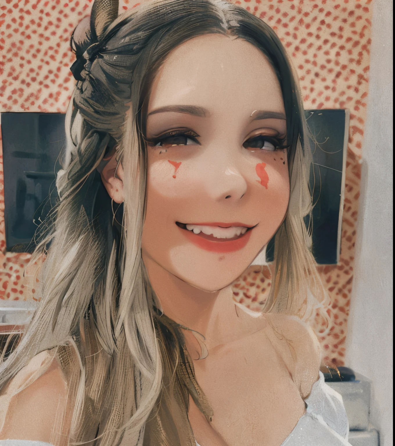 um close de uma mulher com uma pintura vermelha no rosto, Pokimane, by Amelia Peláez, Directed by: Nandor Soldier, 🔞🤡, maquiagem tradicional, Valentina Embaralhamento, Olivia de Bernardinis, Directed by: Emma Rios, Aloy, imagem de perfil, inspired by Emma Rios, Lola Dupre