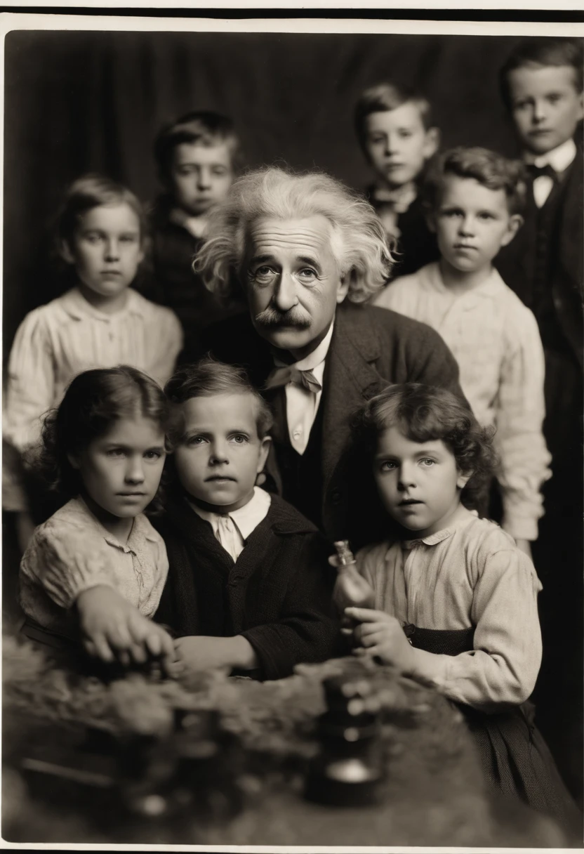 A photo of Einstein surrounded by a group of children, all of them looking deeply engrossed in a hands-on science experiment.,original,Einstein’s appearance was iconic, with his wild, unkempt hair, bushy mustache, and piercing eyes often giving him a thoughtful and slightly disheveled look. He typically dressed in a simple, non-flashy manner, favoring comfort over style.