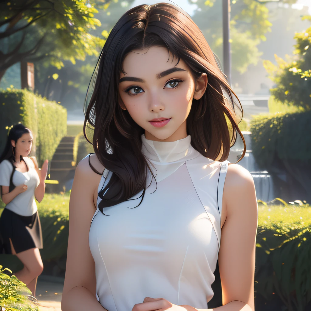 (Extremely detailed 8k wallpaper:2), (photo:2), (31 years old soigne Beautiful girl:2), (gives a lecture to friends:2), detailed (Face and eyes), (hyper realistic:1), (highly detailed:1), (epic realistic:1), rim light, (maximum details:1), cozy, (fullbody:1.3), (looking at viewer:2), (Woman's Attractive Qualities:2), (Attractive Woman:2), (Attractive:2), Smile, Intelligence, Empathy, Gracefulness, Sense of Style, Fitness, Grooming, Optimism, (Sensitivity:2), Sincerity, Romantic Gestures, Playfulness, Fashion Sense, (Sensuality:2), Charm, Modesty, Thoughtfulness, (Femininity:1), Flirtatiousness, Warmth, (Physical attractiveness:2), A beautiful smile, A love of life, strength and power, vulnerability, curiosity, wonder, love, (nature background:2), kawaii, waifu, Beautiful breasts, (attractive body:2), (Beautiful body:2), Beautiful pose, attractive pose, (Beautiful legs:1.0), (Beautiful clothes:1), (classic clothes:2), (elegant clothes:2), (European clothes:2), detailed clothes, (skirt:1), (blouse:1), (provocative pose)