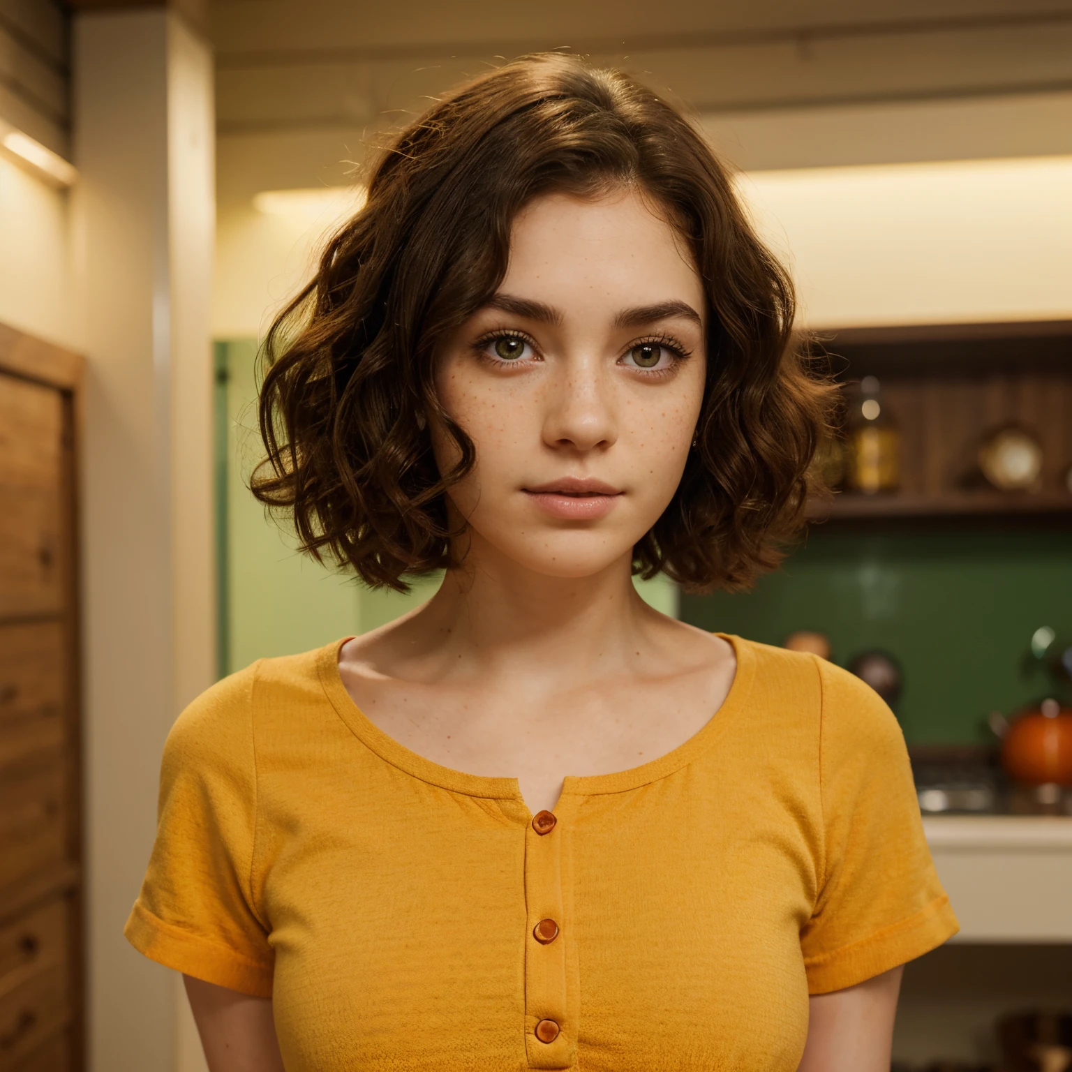Short curly dark brown hair, pale skin, freckles, slim build, female, round face and small button nose with thicker eyebrows and round hazel eyes In the Disney Pixar style. Wears brown, green, yellow, and orange clothes