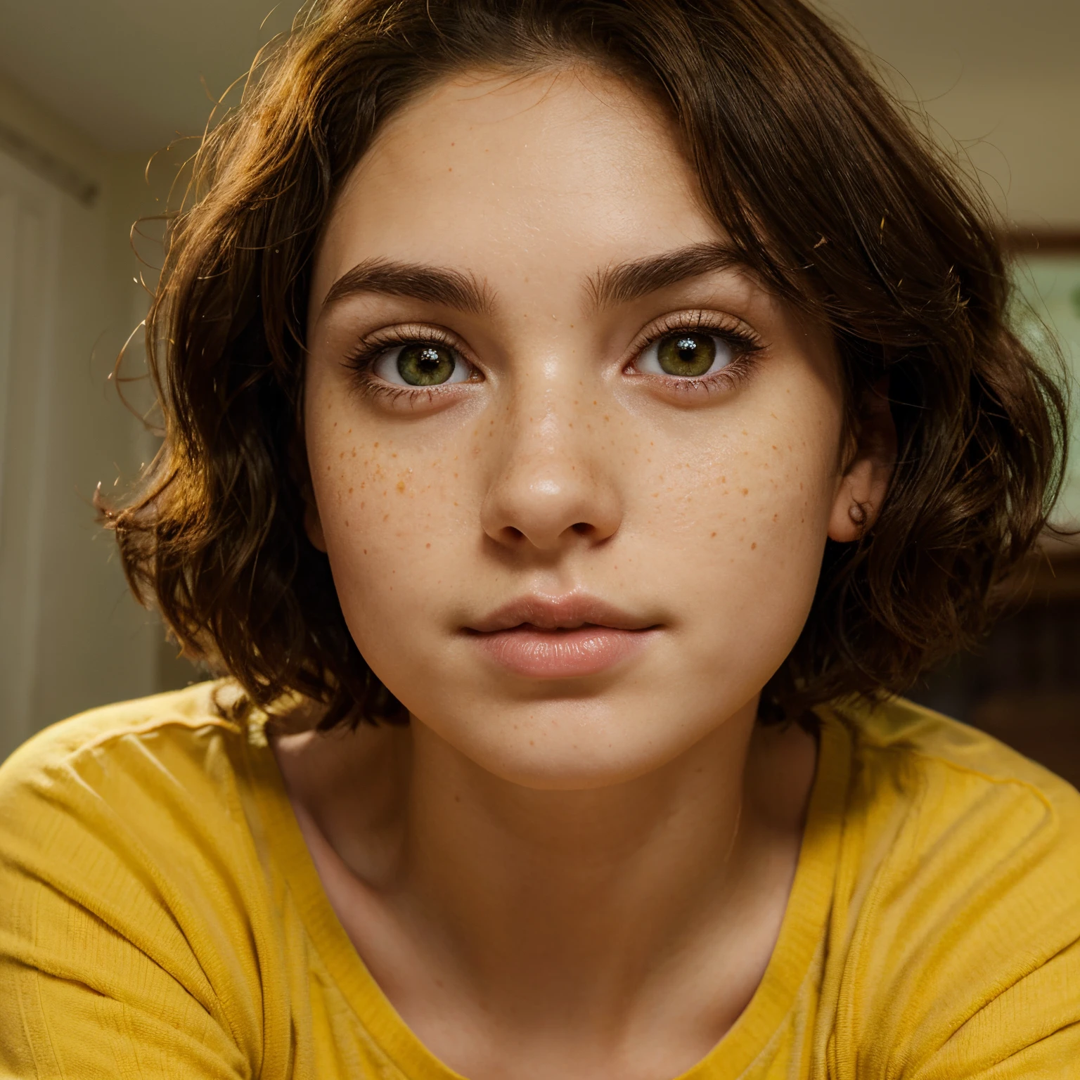 Short curly dark brown hair, pale skin, freckles, slim build, female, round face and small button nose with thicker eyebrows and round hazel eyes In the Disney Pixar style. Wears brown, green, yellow, and orange clothes