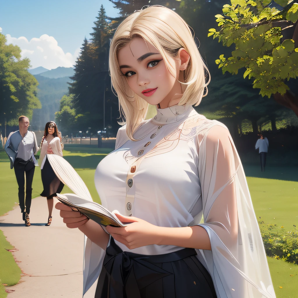 (Extremely detailed 8k wallpaper:2), (photo:2), (31 years old soigne Beautiful girl:2), (gives a lecture to friends:2), detailed (Face and eyes), (hyper realistic:1), (highly detailed:1), (epic realistic:1), rim light, (maximum details:1), cozy, (fullbody:1.3), (looking at viewer:2), (Woman's Attractive Qualities:2), (Attractive Woman:2), (Attractive:2), Smile, Intelligence, Empathy, Gracefulness, Sense of Style, Fitness, Grooming, Optimism, (Sensitivity:2), Sincerity, Romantic Gestures, Playfulness, Fashion Sense, (Sensuality:2), Charm, Modesty, Thoughtfulness, (Femininity:1), Flirtatiousness, Warmth, (Physical attractiveness:2), A beautiful smile, A love of life, strength and power, vulnerability, curiosity, wonder, love, (nature background:2), kawaii, waifu, Beautiful breasts, (attractive body:2), (Beautiful body:2), Beautiful pose, attractive pose, (Beautiful legs:1.0), (Beautiful clothes:1), (classic clothes:2), (elegant clothes:2), (European clothes:2), detailed clothes, (skirt:1), (blouse:1), (provocative pose)