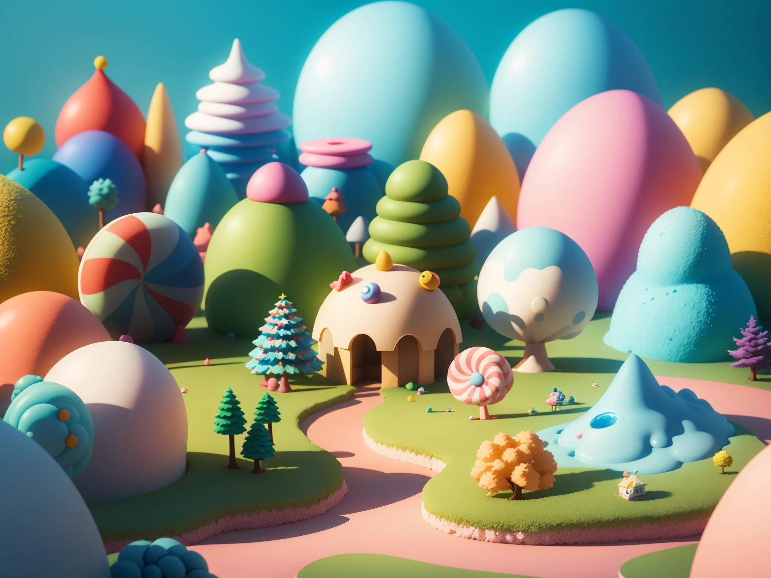 (cute world of candy, full size 3d candyland), highly detailed, super cute, superb lighting, volumetrics, by Jon Klassen, Ghibli Studio style, Tilt - shift, 80mm lens, unreal engine, Large aperture, 3d, blender, masterpiece, super detail, best quality, --v6