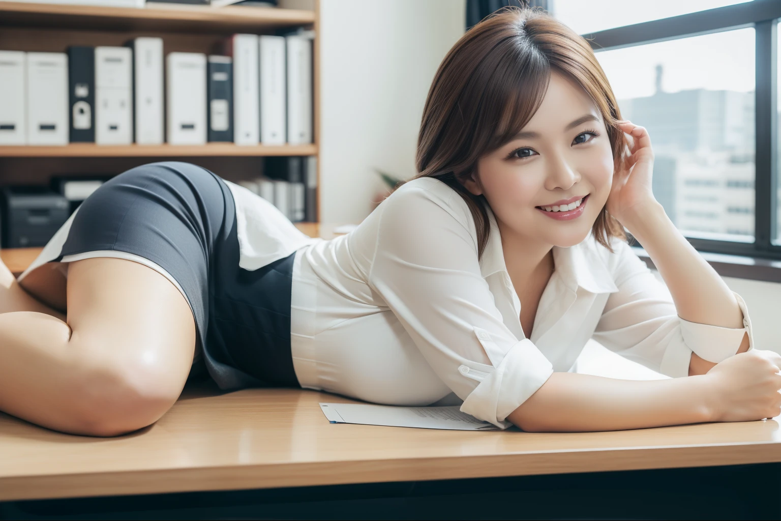 ((Best Quality, 8k, Masterpiecedetails, ultra-high resolution)), (looking at the viewer), (full shot:), attractive business 1 milf laying down on office, desk, a bit chubby:0.25, white collared shirt, grey skirt, (laying down on office desks)), smile, office of CEO,