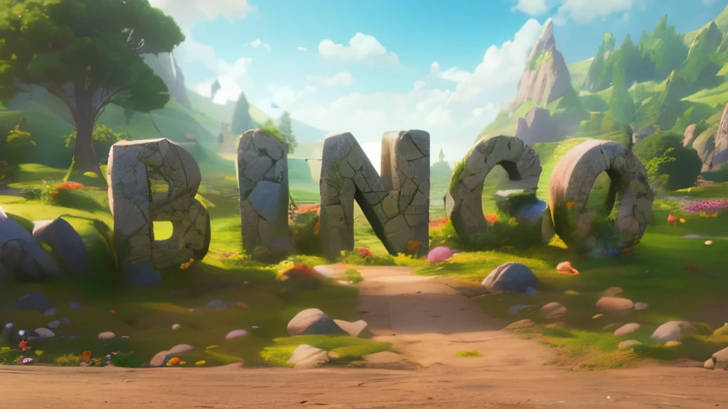 Create a 3D rendered image of a serene landscape. The centerpiece of the image should be the word ‘BINGO’, crafted from gray stone letters. These letters should have a touch of nature, with moss and vines growing on them. Surrounding the stone word, the landscape should be lush with green trees and vibrant flowers in shades of pink and orange. In the distance, there should be a majestic mountain serving as the backdrop. Above, the sky should be a clear blue, and beneath the word ‘BINGO’, there should be a dirt path or (a dirt roadside at the bottom of the image, parallel to the bottom border. The road should be a warm brown:1.4). The overall atmosphere should evoke a sense of tranquility and harmony with nature.