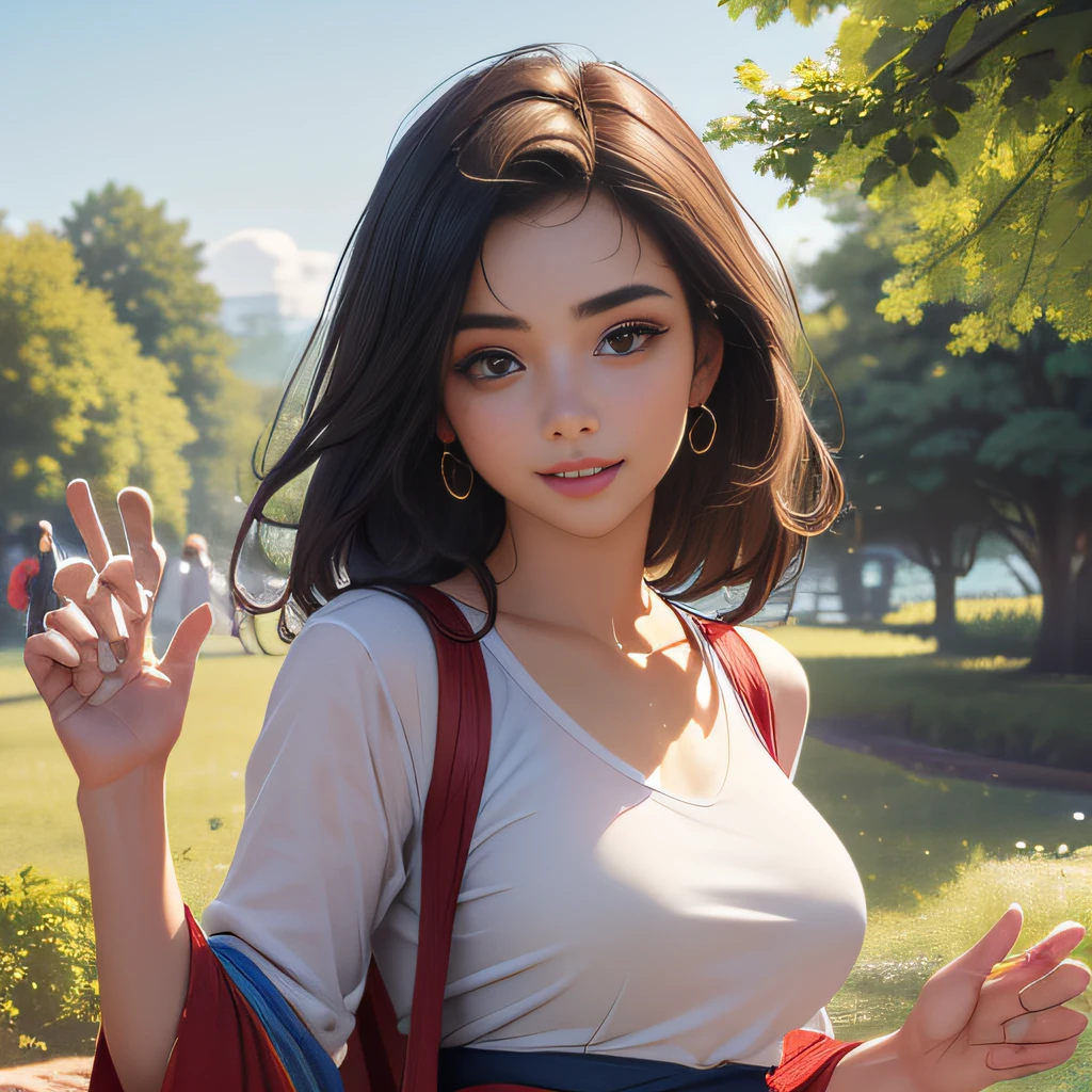 (Extremely detailed 8k wallpaper:2), (photo:2), (31 years old soigne Beautiful girl:2), (gives a lecture to friends:2), detailed (Face and eyes), (hyper realistic:1), (highly detailed:1), (epic realistic:1), rim light, (maximum details:1), cozy, (fullbody:1.3), (looking at viewer:2), (Woman's Attractive Qualities:2), (Attractive Woman:2), (Attractive:2), Smile, Intelligence, Empathy, Gracefulness, Sense of Style, Fitness, Grooming, Optimism, (Sensitivity:2), Sincerity, Romantic Gestures, Playfulness, Fashion Sense, (Sensuality:2), Charm, Modesty, Thoughtfulness, (Femininity:1), Flirtatiousness, Warmth, (Physical attractiveness:2), A beautiful smile, A love of life, strength and power, vulnerability, curiosity, wonder, love, (nature background:2), kawaii, waifu, Beautiful breasts, (attractive body:2), (Beautiful body:2), Beautiful pose, attractive pose, (Beautiful legs:1.0), (Beautiful clothes:1), (classic clothes:2), (elegant clothes:2), (European clothes:2), detailed clothes, (skirt:1), (blouse:1), (provocative pose)
