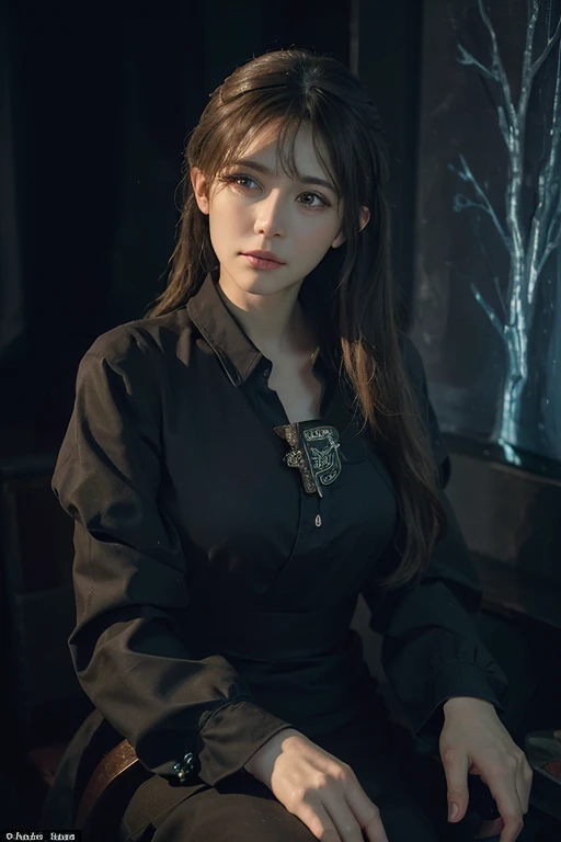 (front focus), (in the dark:1.6), Hyperrealist portrait of female by david hockney and alphonse mucha, fantasy art, photo realistic, dynamic lighting, artstation, poster, volumetric lighting, very detailed faces, 4 k, award winning, 1girl, in the dark, deep shadow, low key, cowboy shot, (official clothing:1.4), long hair, white hair