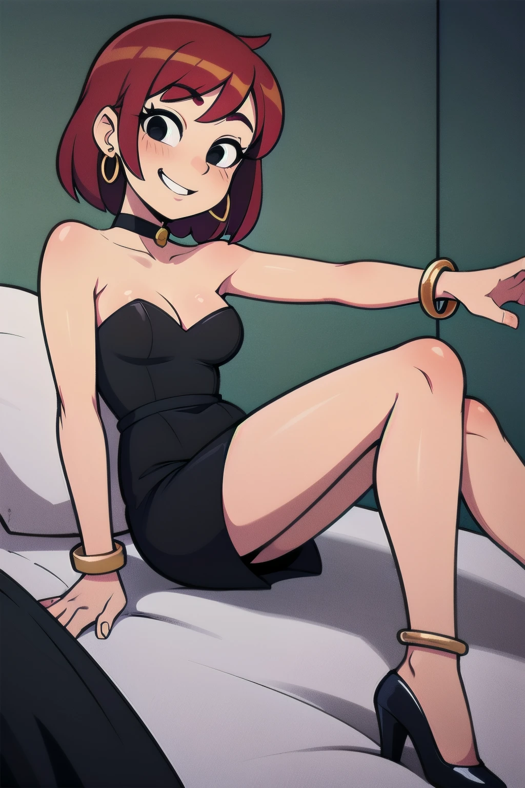 FrankieFoster, FostersStyle, 1 girl, age, short red hair, medium hair, bob hair, black eyes, smile, little black dress, strapless dress, skin-tight dress, choker, gold hoop earrings, gold bracelet, black high heels, fancy hotel, sexy poses, lying in bed.