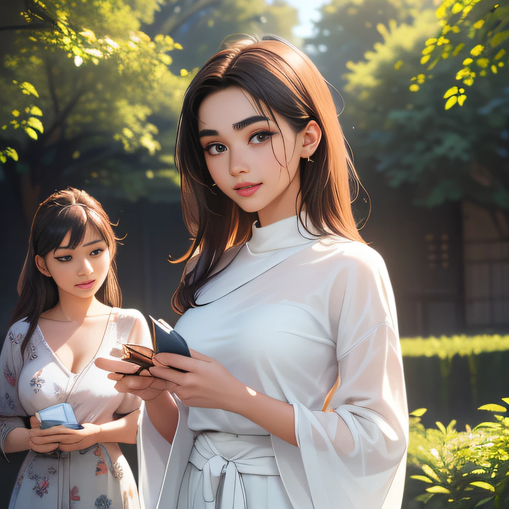 (Extremely detailed 8k wallpaper:2), (photo:2), (31 years old soigne Beautiful girl:2), (gives a lecture to friends:2), detailed (Face and eyes), (hyper realistic:1), (highly detailed:1), (epic realistic:1), rim light, (maximum details:1), cozy, (fullbody:1.3), (looking at viewer:2), (Woman's Attractive Qualities:2), (Attractive Woman:2), (Attractive:2), Smile, Intelligence, Empathy, Gracefulness, Sense of Style, Fitness, Grooming, Optimism, (Sensitivity:2), Sincerity, Romantic Gestures, Playfulness, Fashion Sense, (Sensuality:2), Charm, Modesty, Thoughtfulness, (Femininity:1), Flirtatiousness, Warmth, (Physical attractiveness:2), A beautiful smile, A love of life, strength and power, vulnerability, curiosity, wonder, love, (nature background:2), kawaii, waifu, Beautiful breasts, (attractive body:2), (Beautiful body:2), Beautiful pose, attractive pose, (Beautiful legs:1.0), (Beautiful clothes:1), (classic clothes:2), (elegant clothes:2), (European clothes:2), detailed clothes, (skirt:1), (blouse:1), (provocative pose)