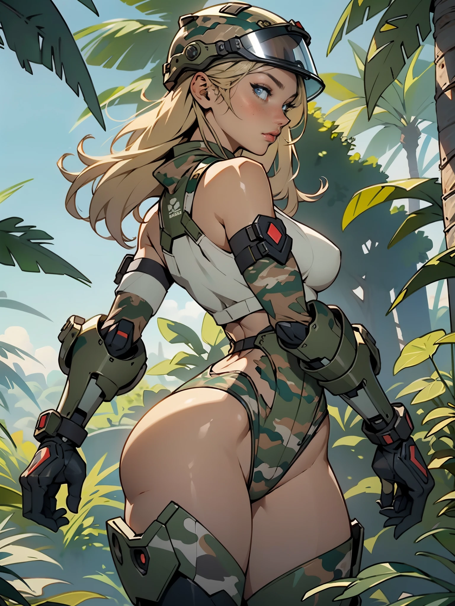 1woman 20 years old, max resolution, sculpted, military, wearing a soldier helmet, beautiful, perfect body, blonde hair, blue eyes, perfect body, thin waist, wide hips, large breasts, slim thighs, jungle background, armored vehicle, military robot, camouflaged uniform, tight panties, two-piece, highly detailed, high resolution, perfect hands, rear view, camo, from behind, bare shoulders