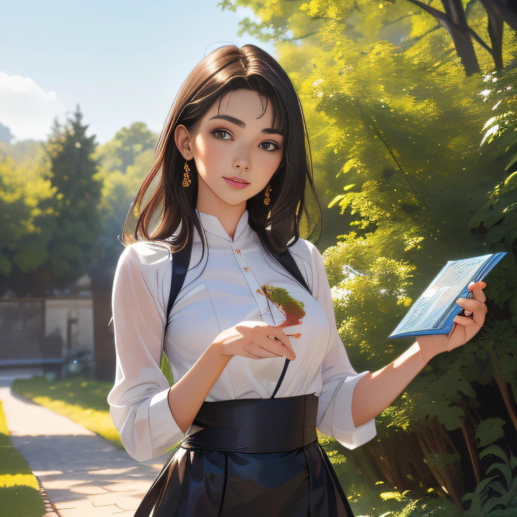 (Extremely detailed 8k wallpaper:2), (photo:2), (31 years old soigne Beautiful girl:2), (gives a lecture to friends:2), detailed (Face and eyes), (hyper realistic:1), (highly detailed:1), (epic realistic:1), rim light, (maximum details:1), cozy, (fullbody:1.3), (looking at viewer:2), (Woman's Attractive Qualities:2), (Attractive Woman:2), (Attractive:2), Smile, Intelligence, Empathy, Gracefulness, Sense of Style, Fitness, Grooming, Optimism, (Sensitivity:2), Sincerity, Romantic Gestures, Playfulness, Fashion Sense, (Sensuality:2), Charm, Modesty, Thoughtfulness, (Femininity:1), Flirtatiousness, Warmth, (Physical attractiveness:2), A beautiful smile, A love of life, strength and power, vulnerability, curiosity, wonder, love, (nature background:2), kawaii, waifu, Beautiful breasts, (attractive body:2), (Beautiful body:2), Beautiful pose, attractive pose, (Beautiful legs:1.0), (Beautiful clothes:1), (classic clothes:2), (elegant clothes:2), (European clothes:2), detailed clothes, (skirt:1), (blouse:1), (provocative pose)
