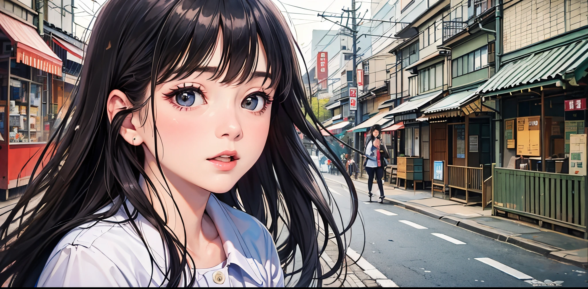 ((best quality))), (((masterpiece))), ((perfect face)),nsfw,One woman, long black hair, in the city, hiding behind a telephone pole, looking at us, embarrassed, curious, unrequited love, Showa era Japan, nostalgic,teasing, bashful,((confesses and runs away)),