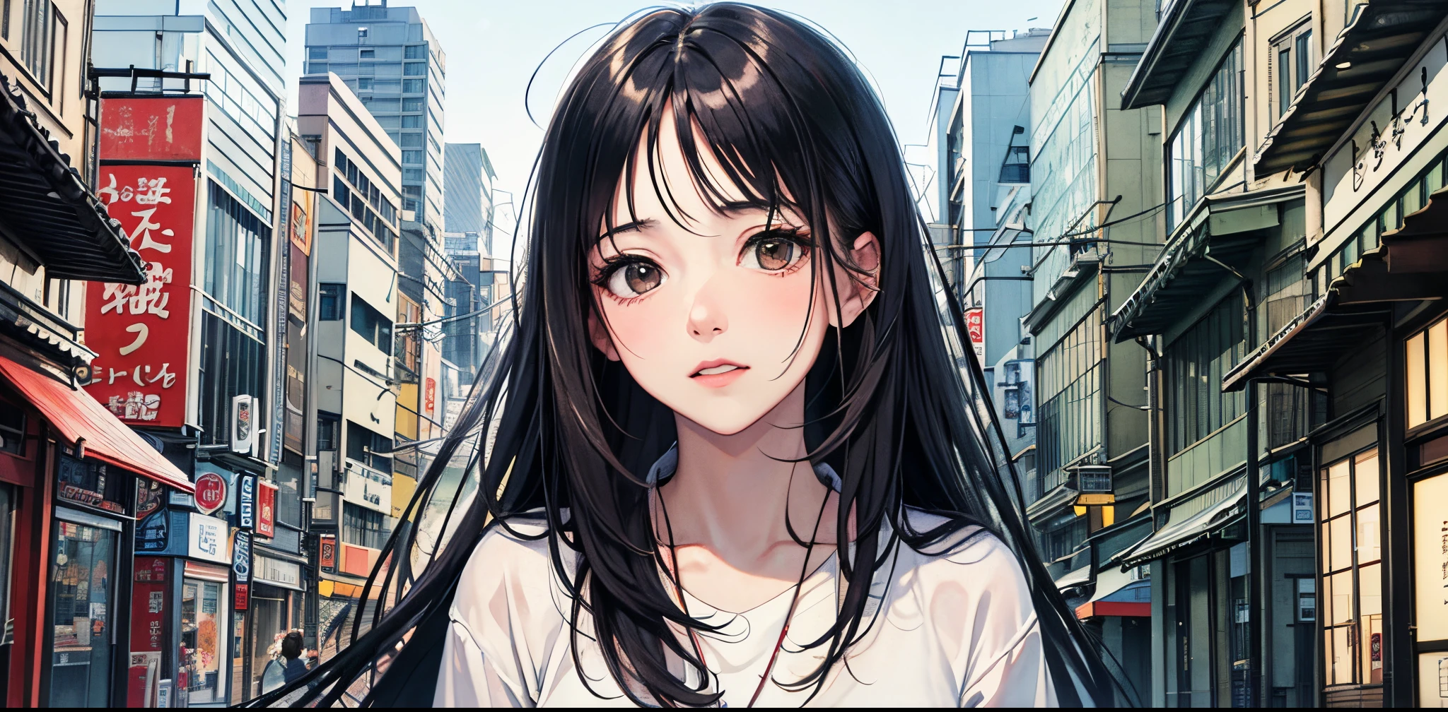 ((best quality))), (((masterpiece))), ((perfect face)),nsfw,One woman, long black hair, in the city, hiding behind a telephone pole, looking at us, embarrassed, curious, unrequited love, Showa era Japan, nostalgic,teasing, bashful,((confesses and runs away)),