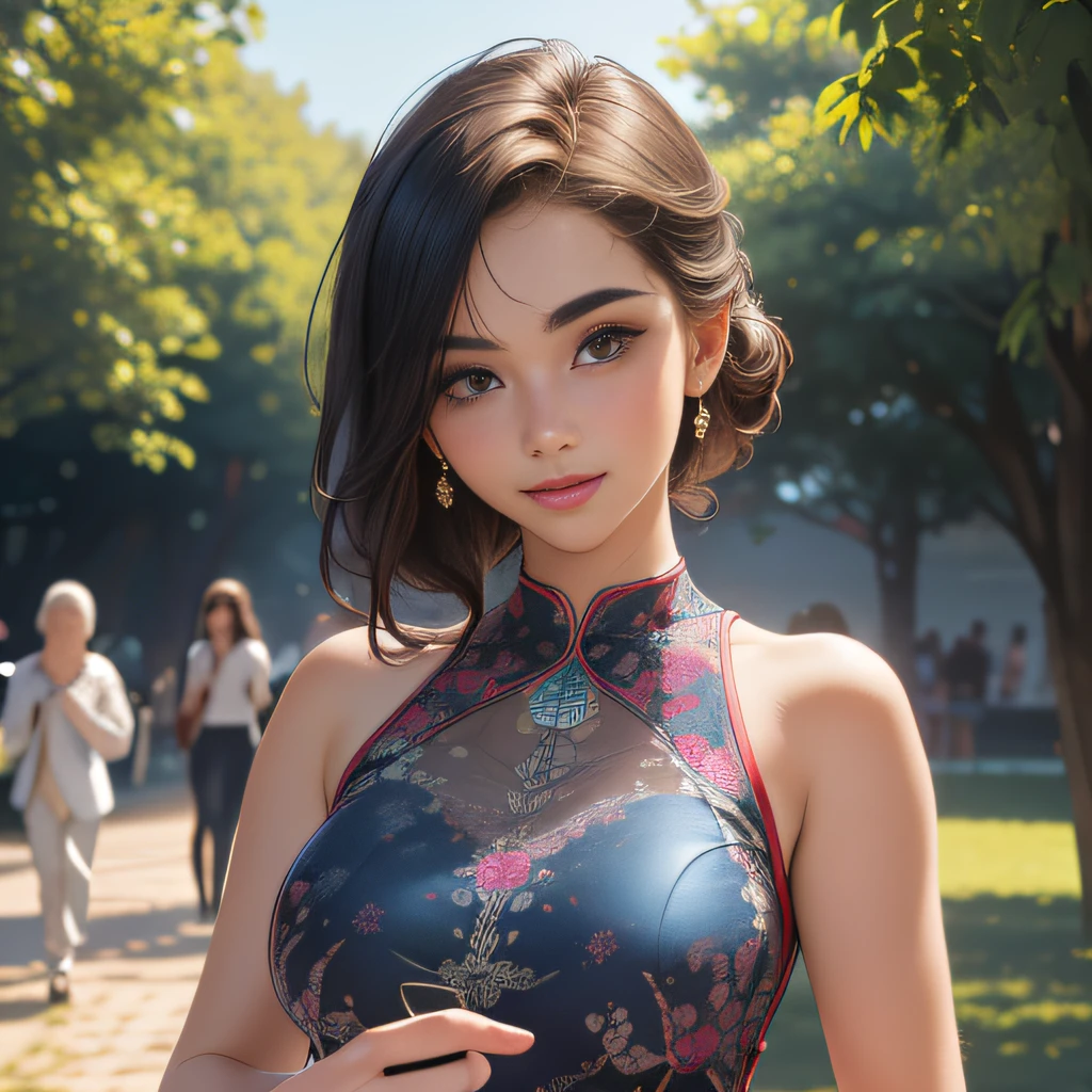 (Extremely detailed 8k wallpaper:2), (photo:2), (31 years old soigne Beautiful girl:2), (gives a lecture to friends:2), detailed (Face and eyes), (hyper realistic:1), (highly detailed:1), (epic realistic:1), rim light, (maximum details:1), cozy, (fullbody:1.3), (looking at viewer:2), (Woman's Attractive Qualities:2), (Attractive Woman:2), (Attractive:2), Smile, Intelligence, Empathy, Gracefulness, Sense of Style, Fitness, Grooming, Optimism, (Sensitivity:2), Sincerity, Romantic Gestures, Playfulness, Fashion Sense, (Sensuality:2), Charm, Modesty, Thoughtfulness, (Femininity:1), Flirtatiousness, Warmth, (Physical attractiveness:2), A beautiful smile, A love of life, strength and power, vulnerability, curiosity, wonder, love, (nature background:2), kawaii, waifu, Beautiful breasts, (attractive body:2), (Beautiful body:2), Beautiful pose, attractive pose, (Beautiful legs:1.0), (Beautiful clothes:1), (classic clothes:2), (elegant clothes:2), (European clothes:2), detailed clothes, (skirt:1), (blouse:1), (provocative pose)