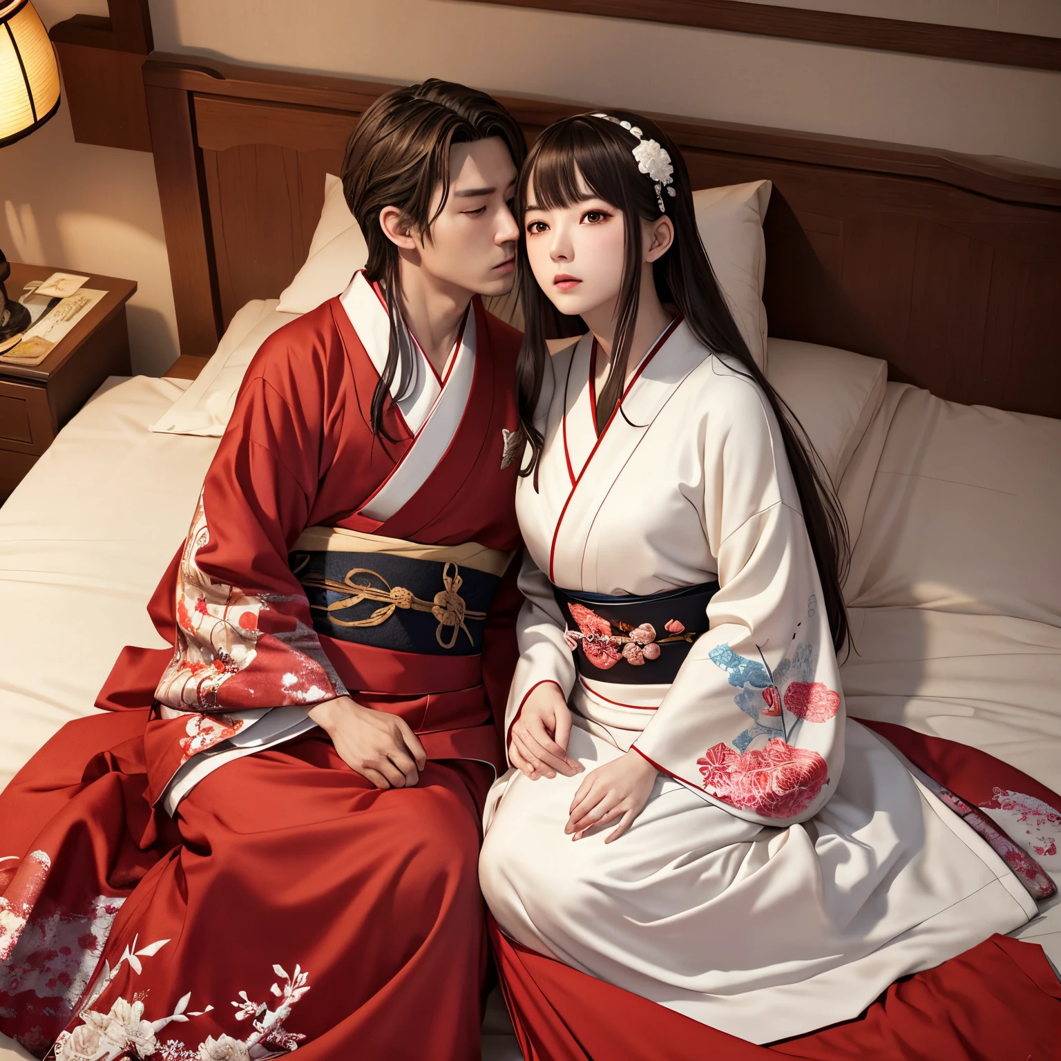 concept-art、「1 couple、male focus、Brown hair、Handsome boy、long white hair、tassels、bangss、carp、colourfull、bold colors、White kimono、(open)kimono、Traditional Japanese clothing、Write、Intimate interaction in bed、the ring、a person々illuminating the」、colourfull、Master configuration、Focus on key people、真实感、masterpiece、Award-winning、top-quality、masterpiece、ultra-detailliert、8K、Highly detailed CG Unity 8k wallpapers、 Complex and very detailed and realistic、lovemaking、Detailed composition